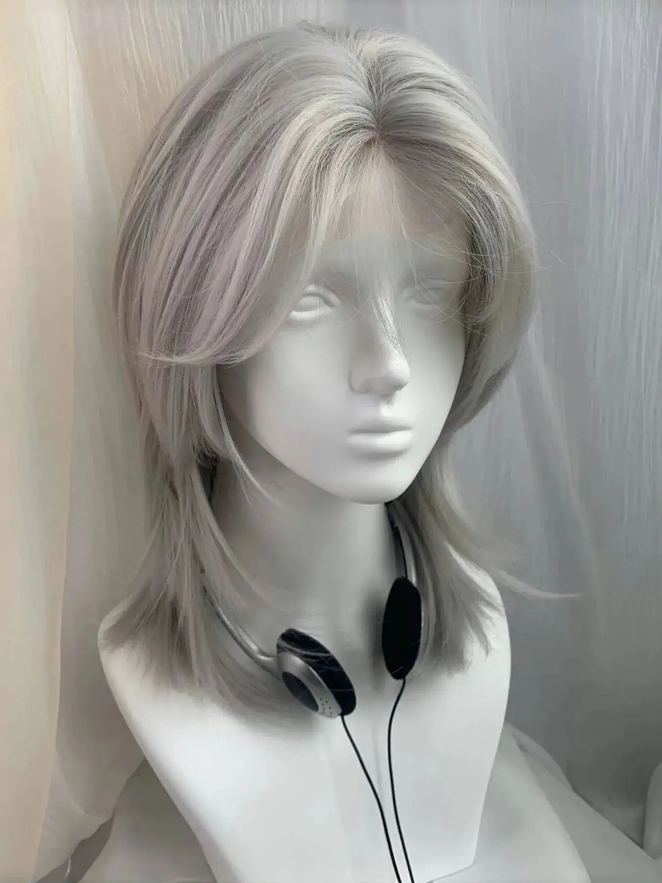 Lolita Synthetic Wig Forehead Lace Wolf Tail Short Curly Hair Silver Grey Layering Daily Fluffy Wig Full Head Unisex Daily