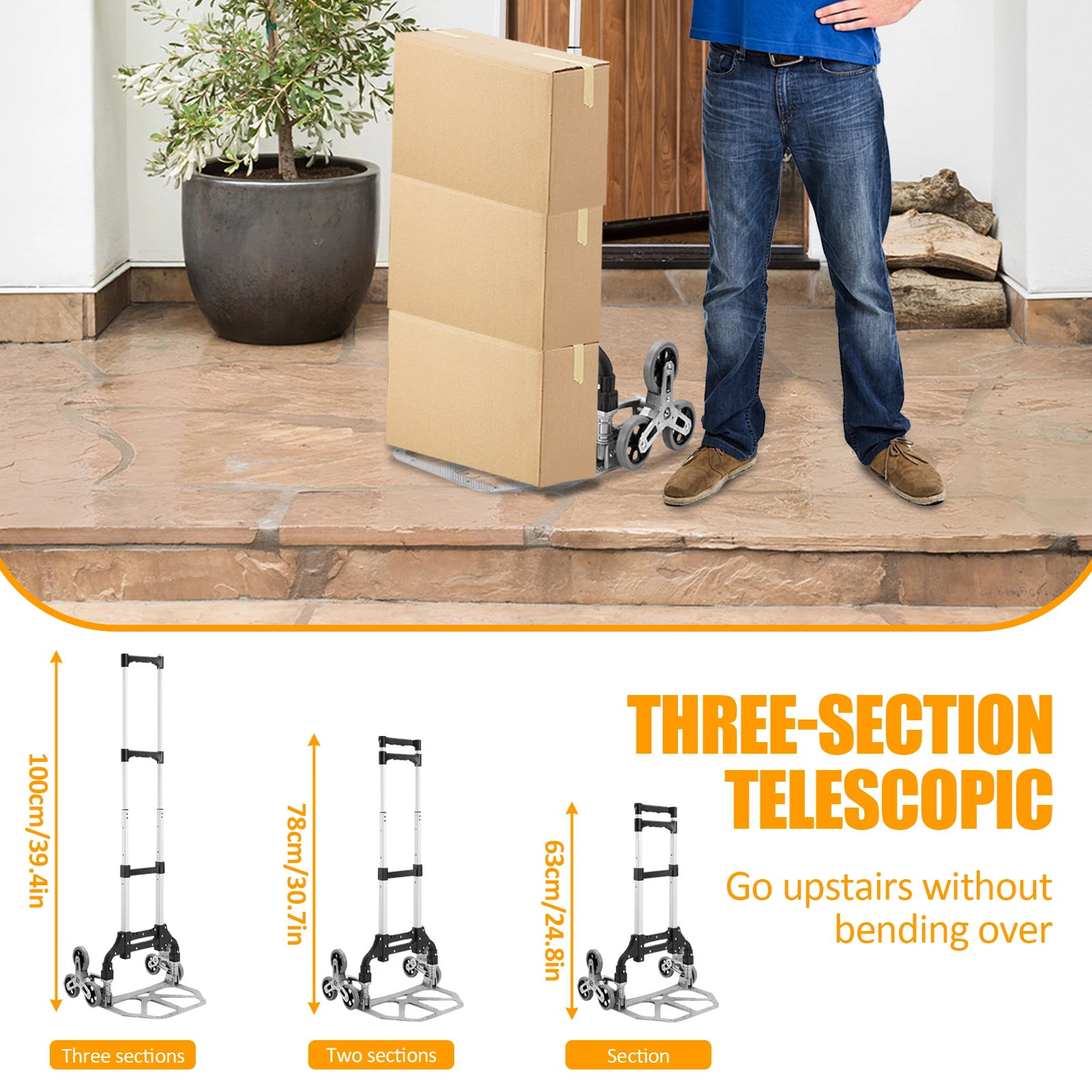 Stair Climbing Handcart, Portable Folding Trucks with 6 Noise-Reducing Rubber Wheels, 165 lb Flat / 77 lb Stair Capacity