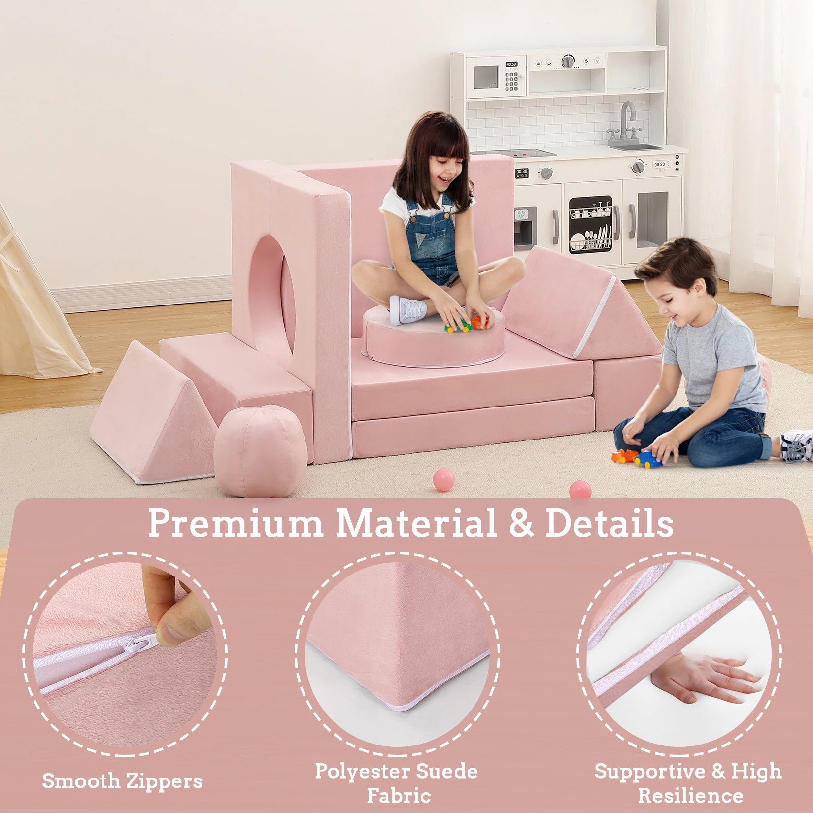 12Pcs Modular Kids Play Couch Fold Out Kids Play Sofa Set with Balls & Tunnel Children Convertible Sofa Soft Foam Sectional