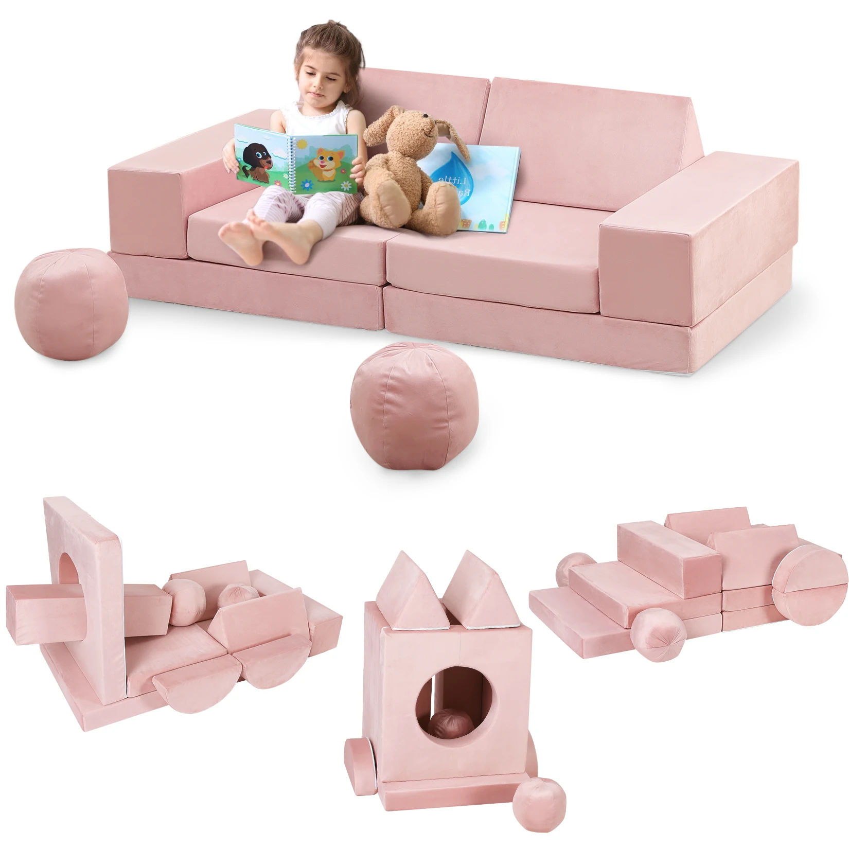 12Pcs Modular Kids Play Couch Fold Out Kids Play Sofa Set with Balls & Tunnel Children Convertible Sofa Soft Foam Sectional