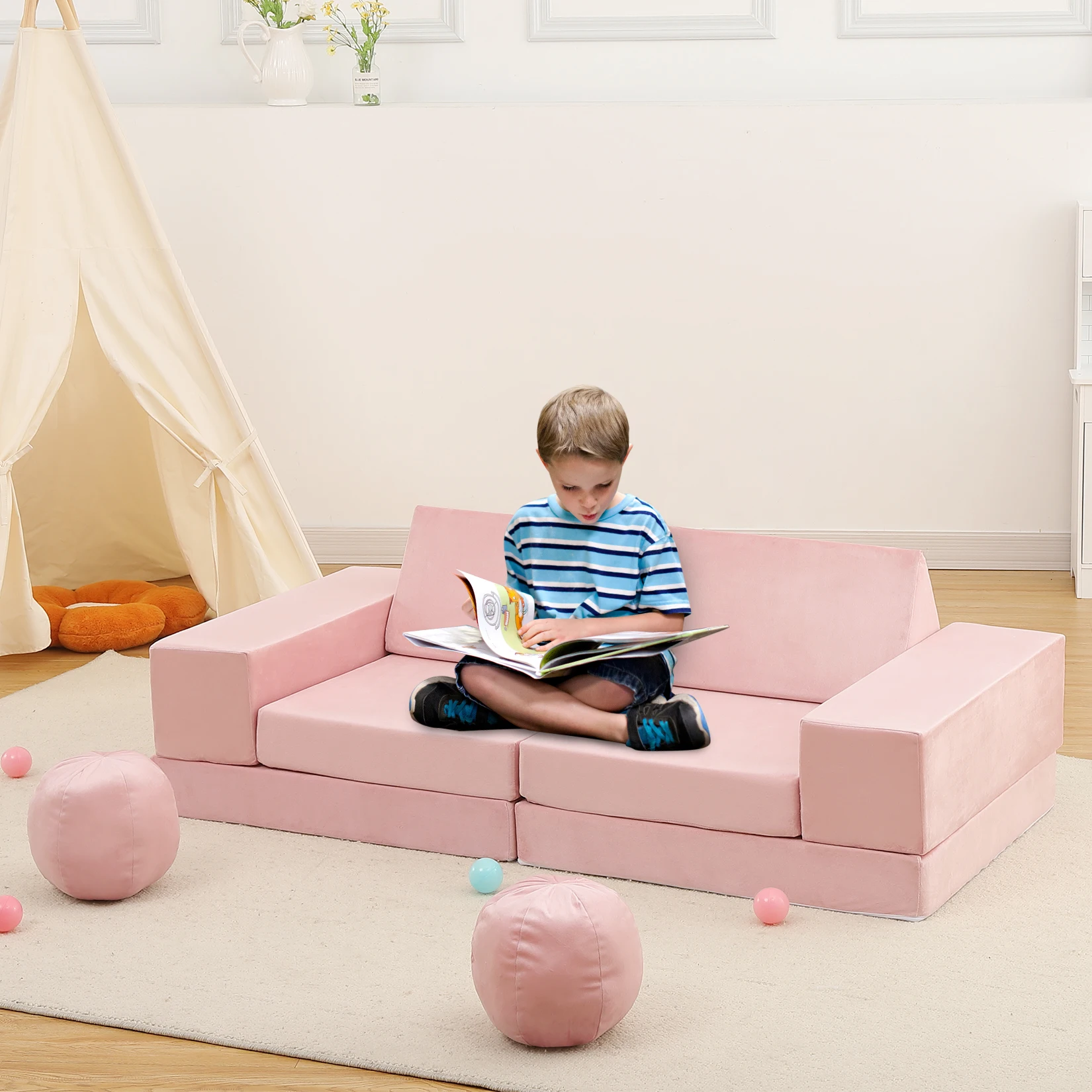 12Pcs Modular Kids Play Couch Fold Out Kids Play Sofa Set with Balls & Tunnel Children Convertible Sofa Soft Foam Sectional
