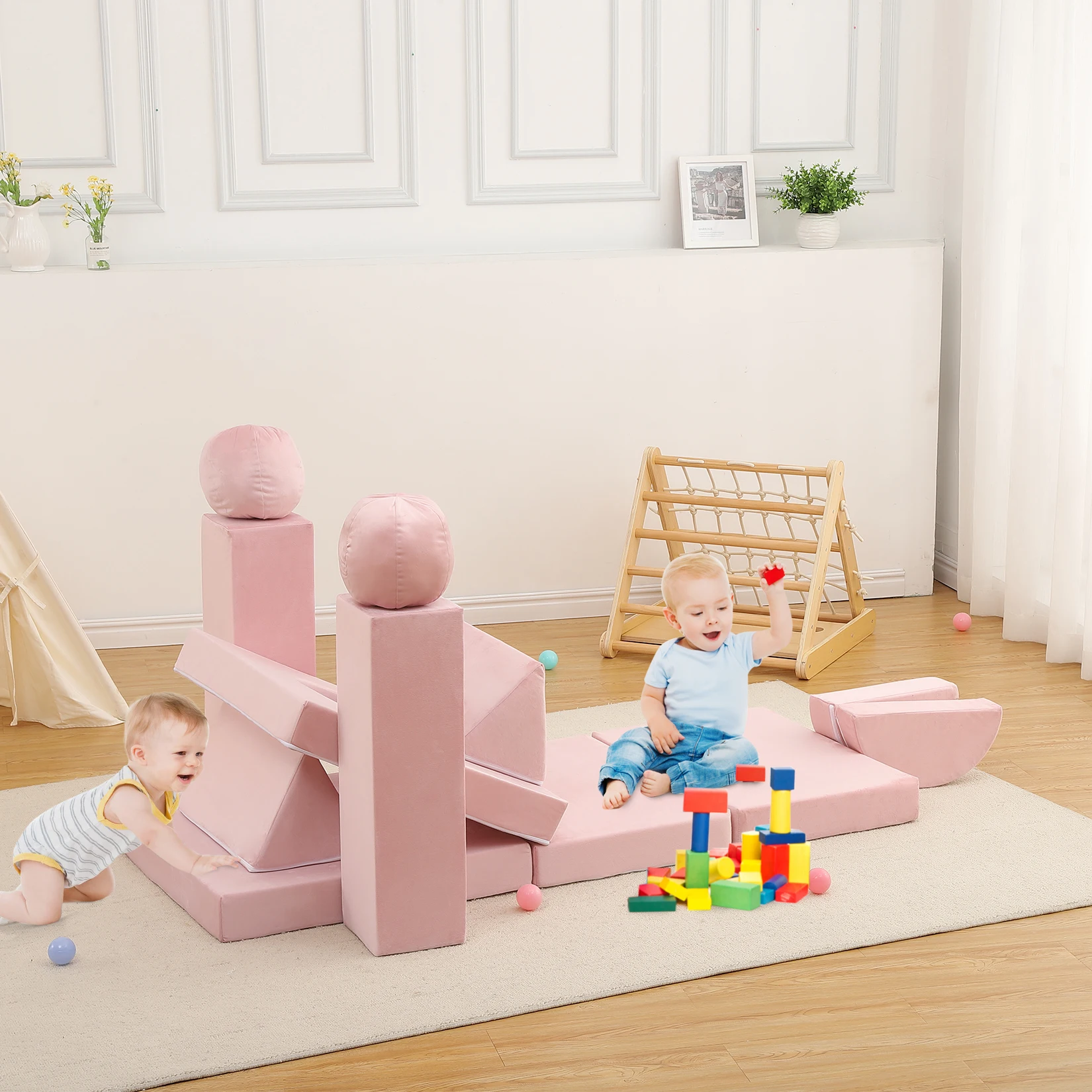 12Pcs Modular Kids Play Couch Fold Out Kids Play Sofa Set with Balls & Tunnel Children Convertible Sofa Soft Foam Sectional