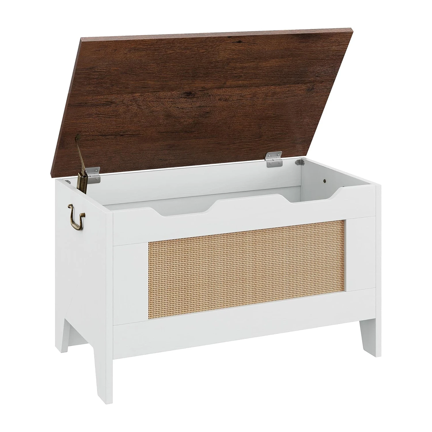 30" Rattan Storage Bench with Hinge Flip Top Storage Chest Wooden Toy Chest Organizer for Entryway Living Room Bedroom