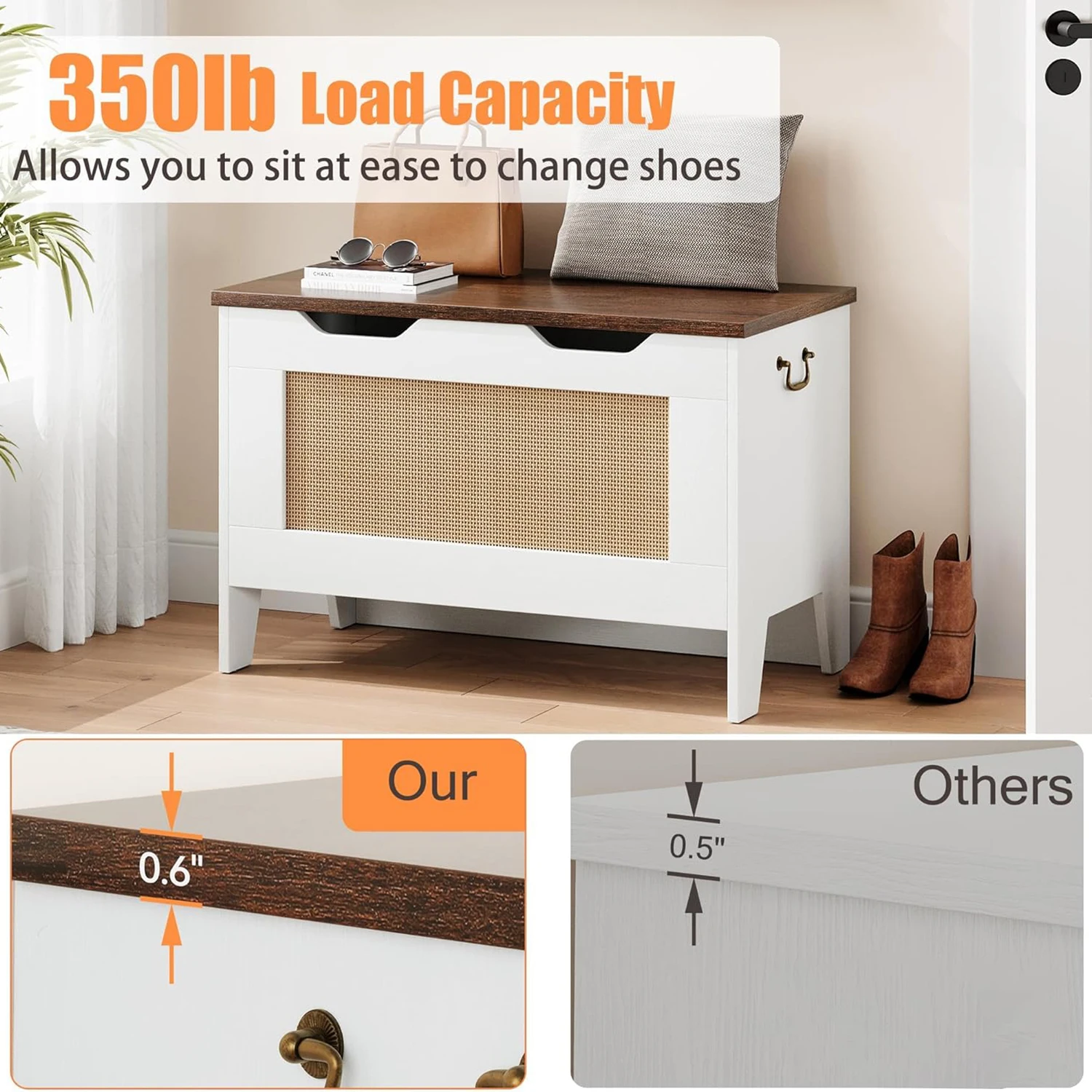 30" Rattan Storage Bench with Hinge Flip Top Storage Chest Wooden Toy Chest Organizer for Entryway Living Room Bedroom