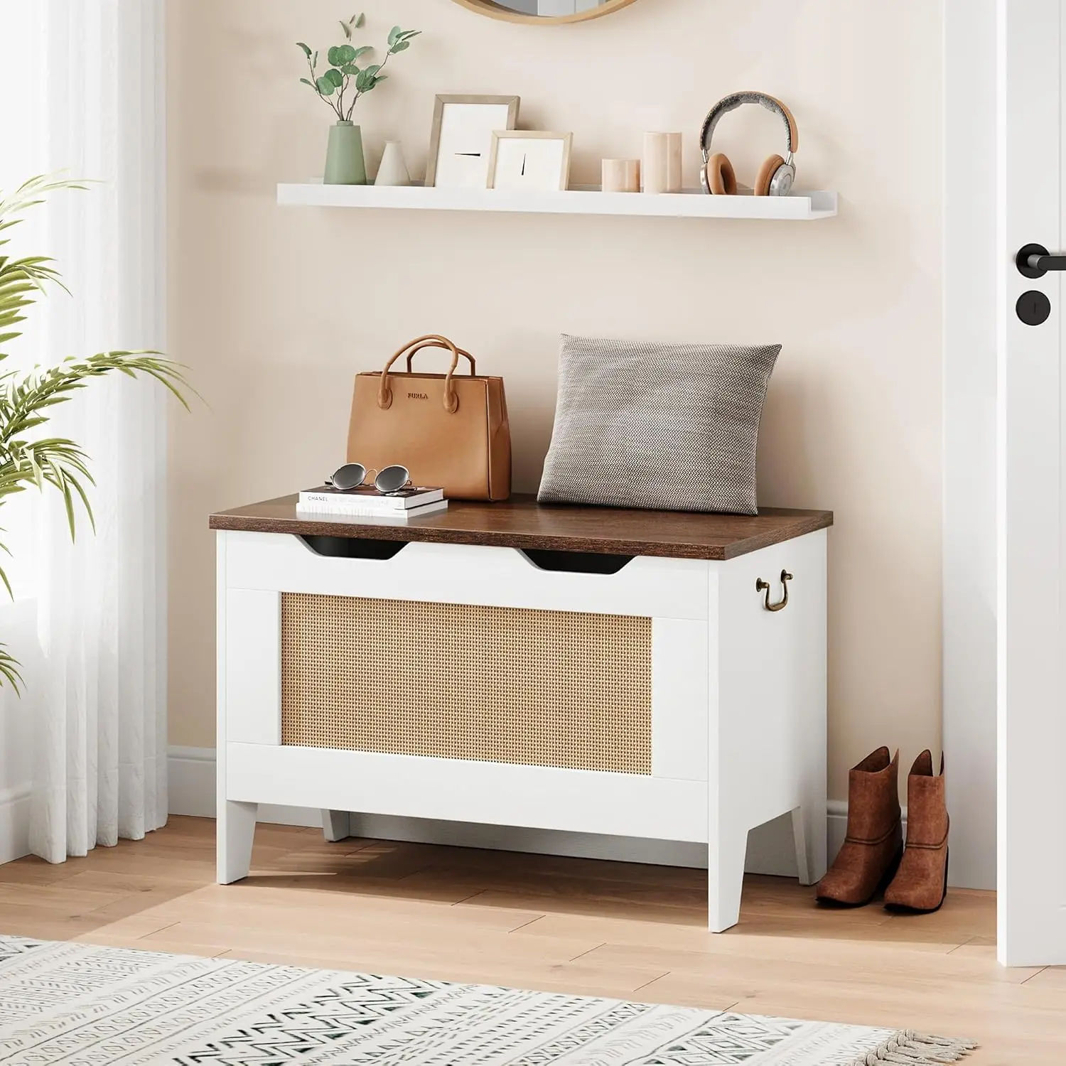 30" Rattan Storage Bench with Hinge Flip Top Storage Chest Wooden Toy Chest Organizer for Entryway Living Room Bedroom