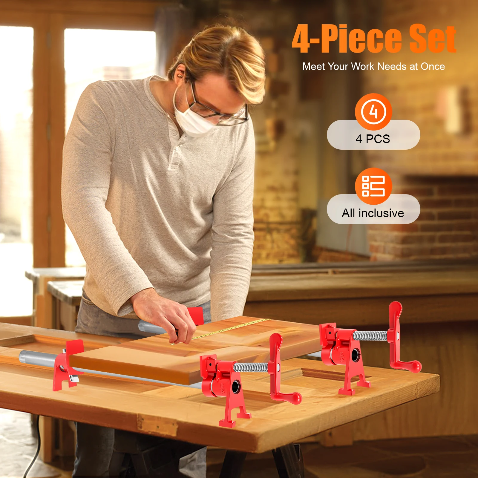 Wood Gluing Pipe Clamp| 4pcs 3/4" Woodworking Clamps Set| Heavy Duty Cast Iron Quick Release Bar Clamps