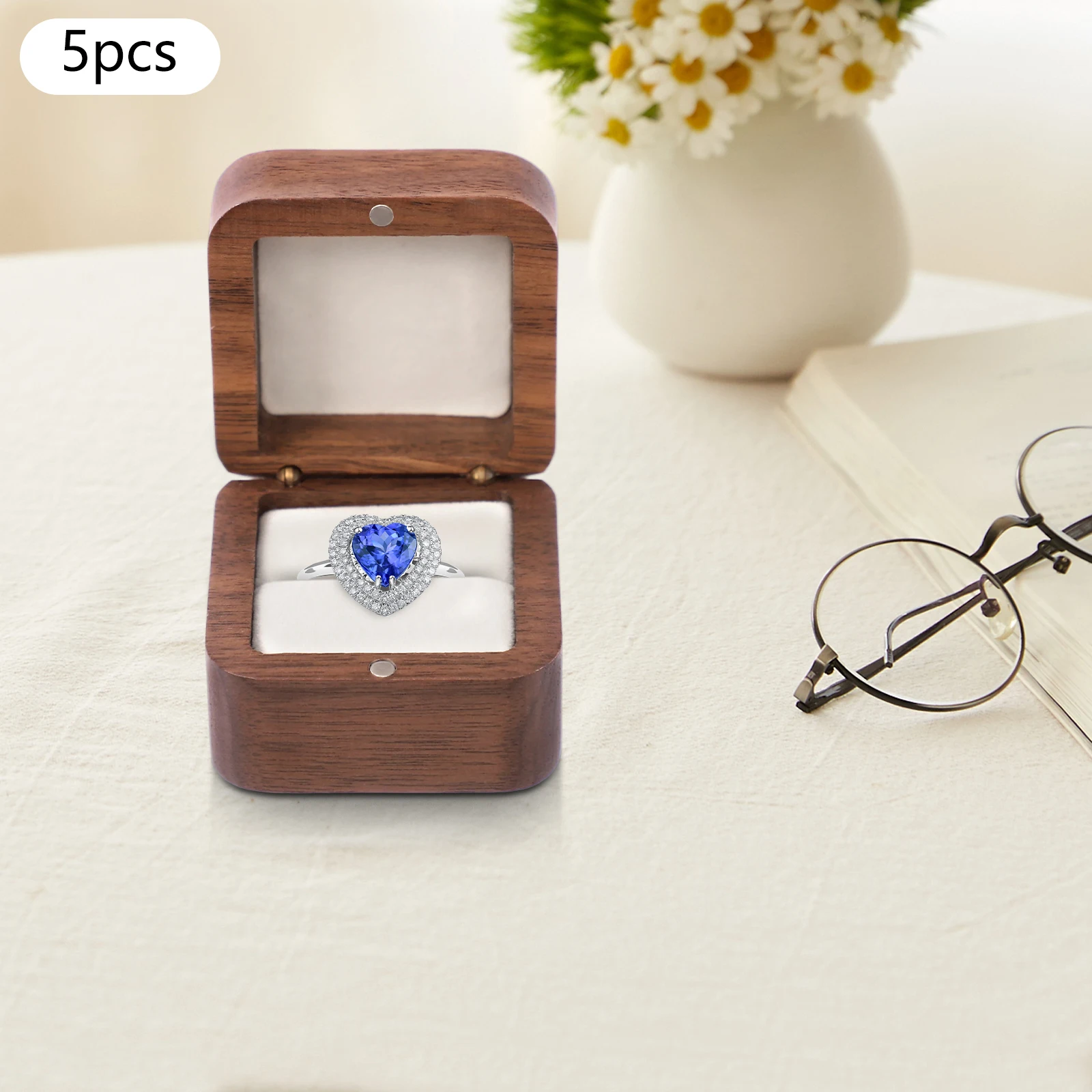 5PCS Natural Walnut Wood Ring Box Magnetic Closure Jewelry Gift Box Flannelette Lined Proposal Case for Wedding Engagement