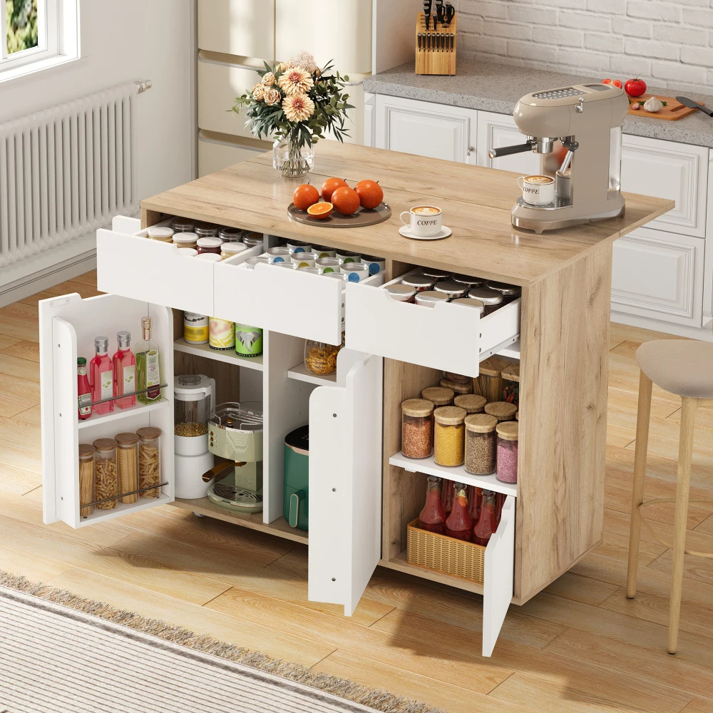 Kitchen Island with Cabinet Doors and Open Compartments Service Trolley with 360° Wheels and Drawers for Easy Mobility