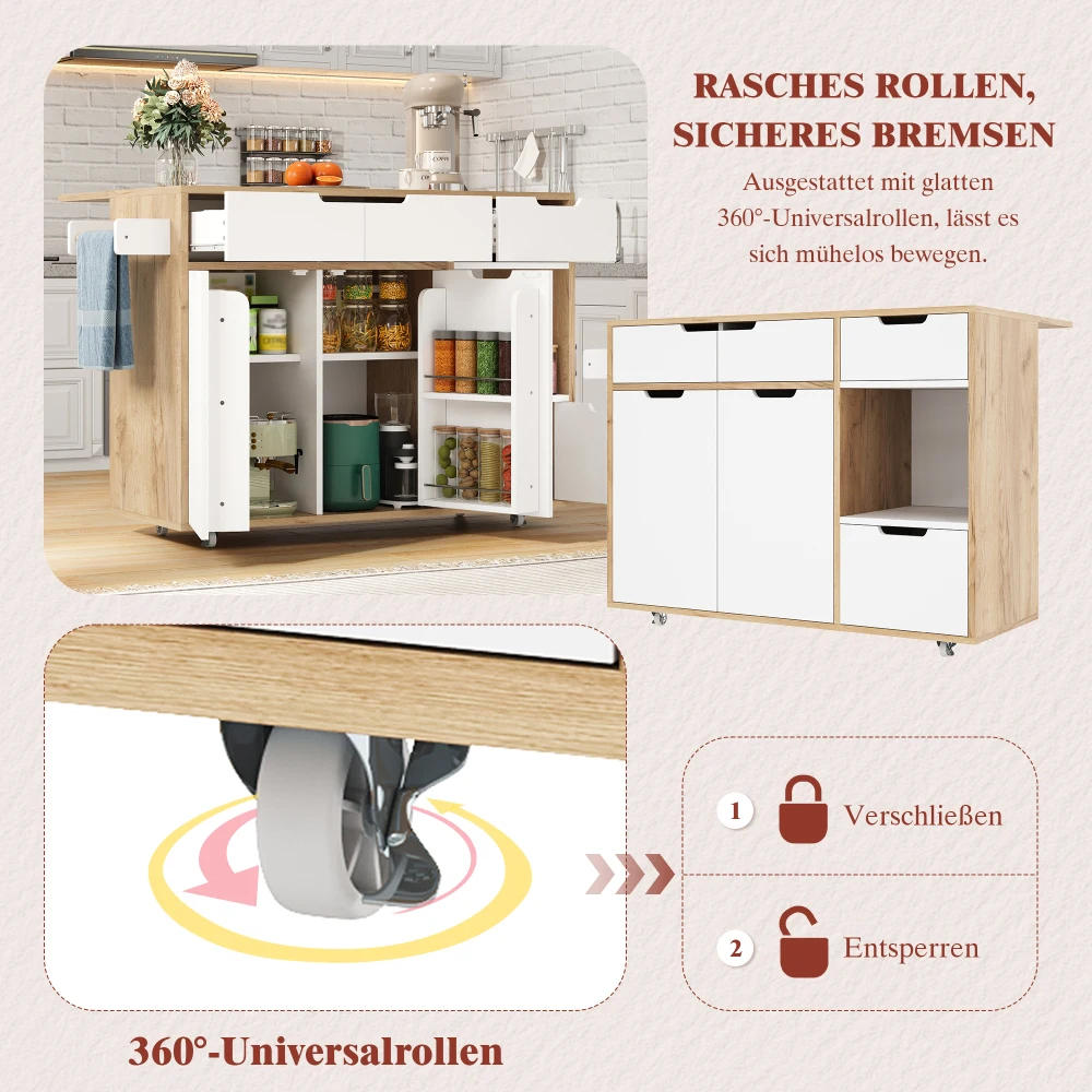Kitchen Island with Cabinet Doors and Open Compartments Service Trolley with 360° Wheels and Drawers for Easy Mobility