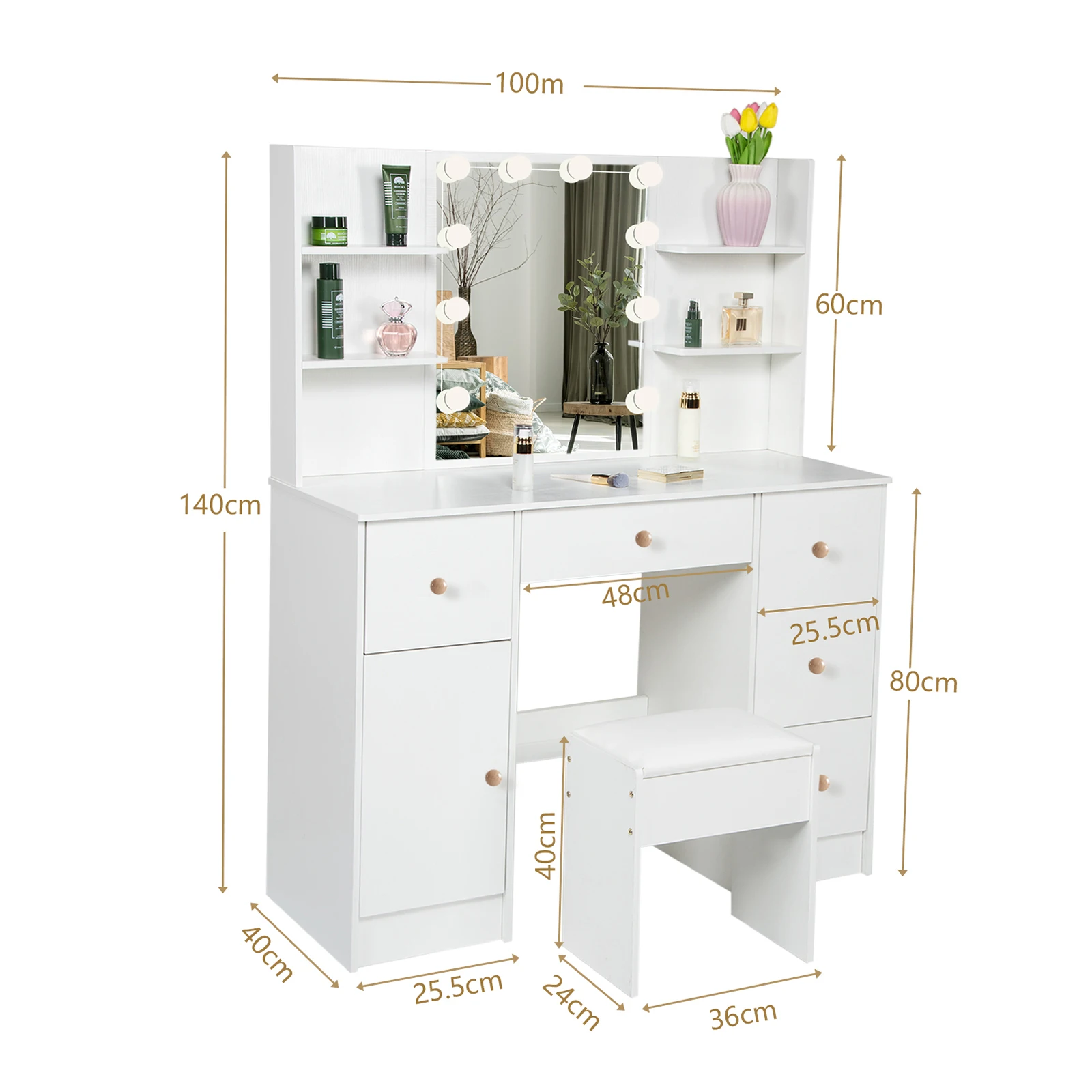 Teousev Modern Vanity Dressing Table Set with LED Lights 3 Color Dimmable 5 Drawers Mirror & Stool Easy Assembly Bedroom Sets