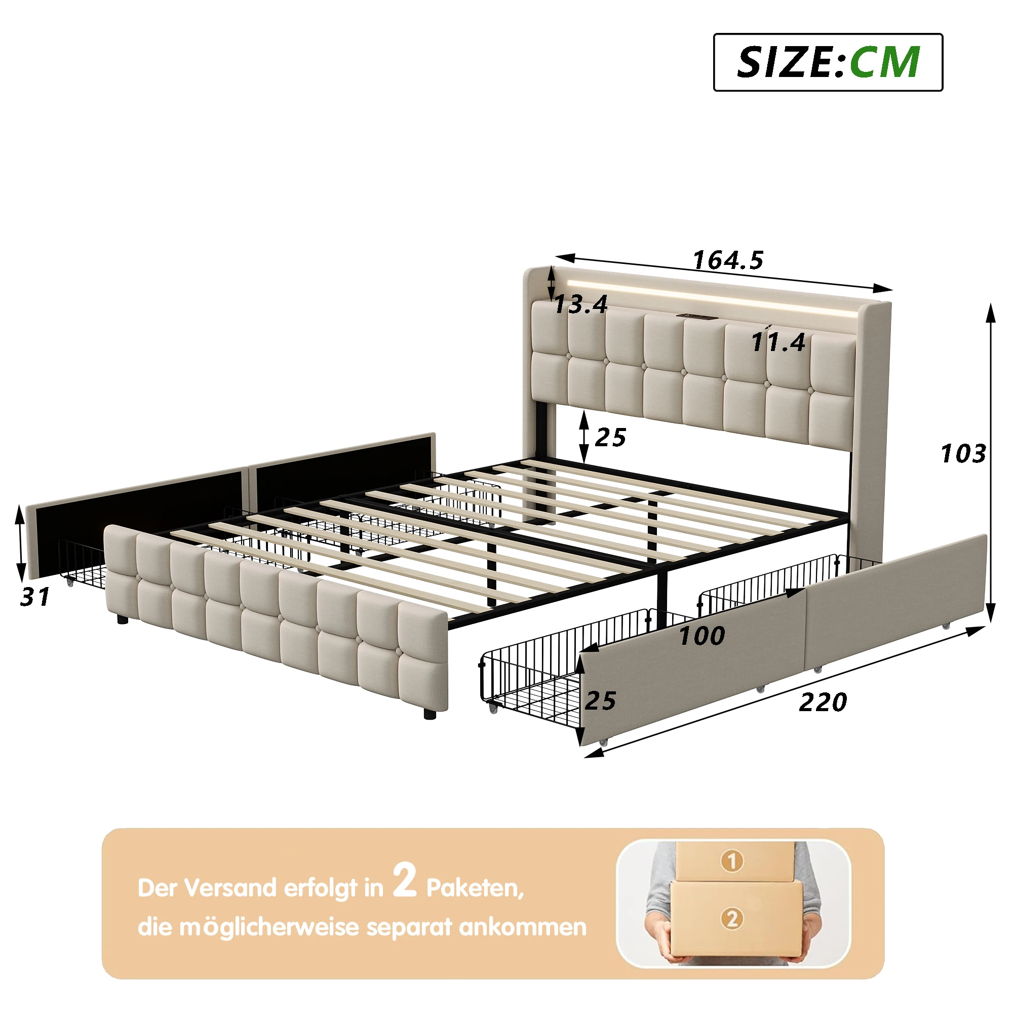 Double upholstered bed, 160 x 200 cm, storage bed with LED light and USB port, 4 drawers, youth bed, slatted bed frame