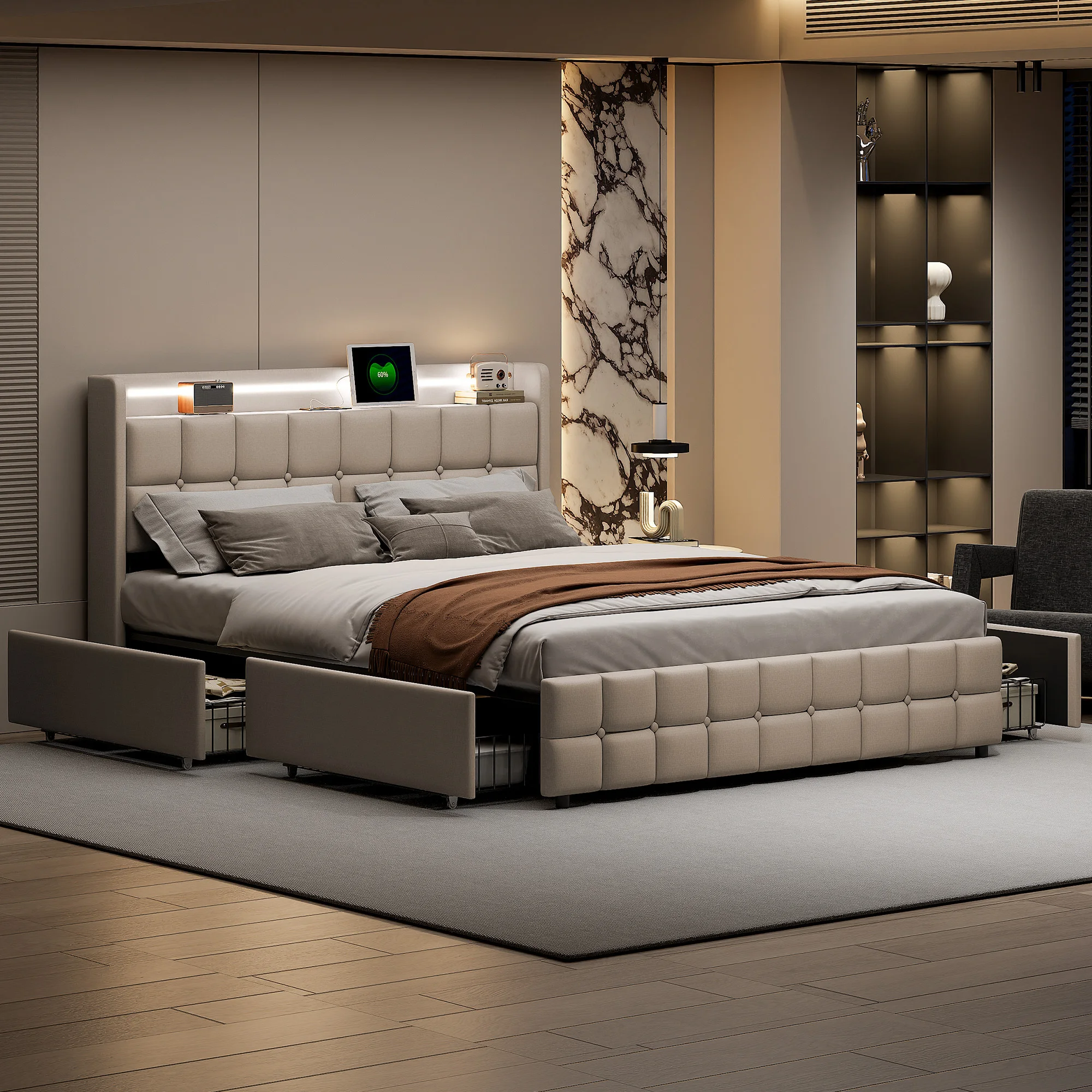 Double upholstered bed, 160 x 200 cm, storage bed with LED light and USB port, 4 drawers, youth bed, slatted bed frame