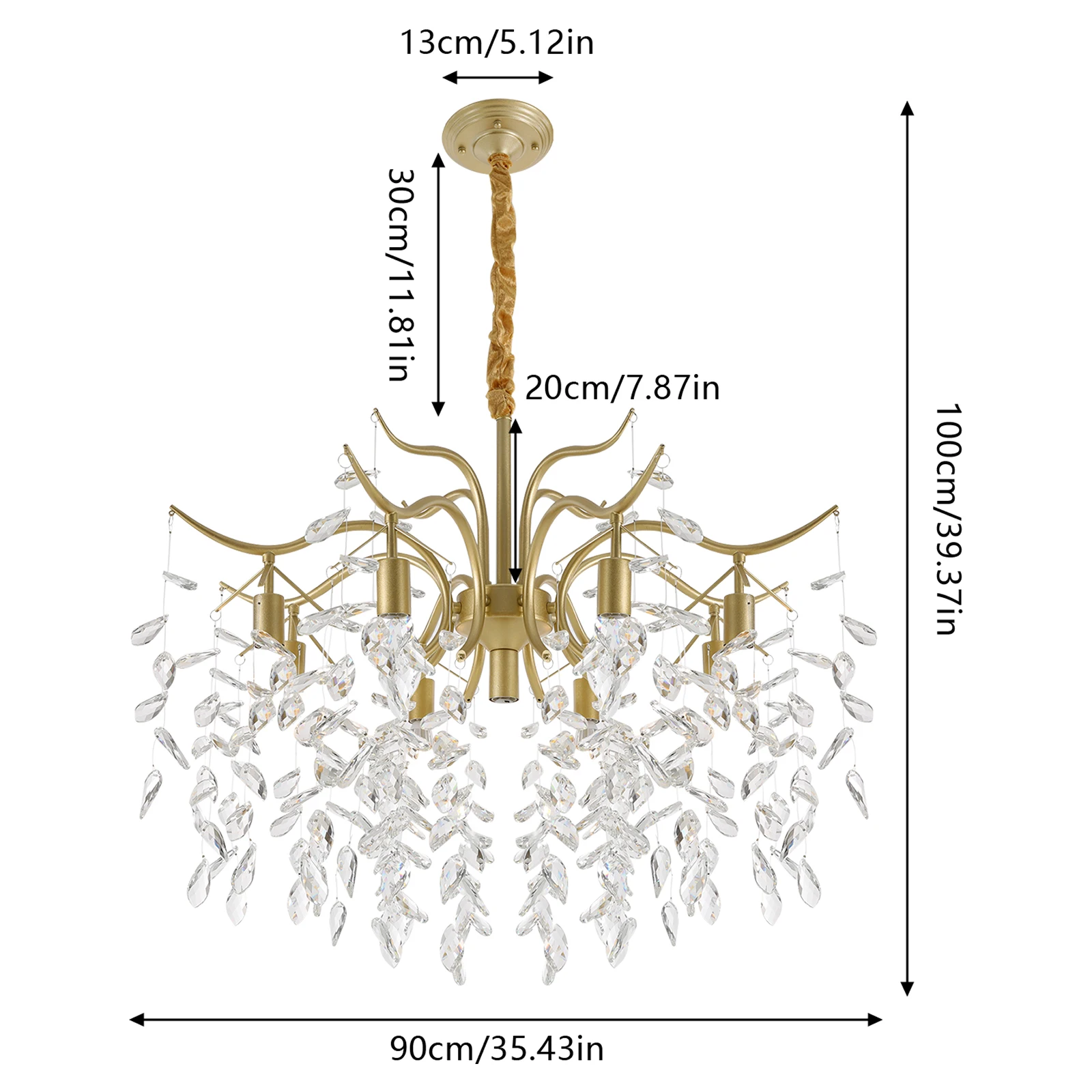 Golden Crystal Chandelier Lighting Fixture For Living Room Ceiling 9 Light E12 Bulbs Adjustable Chain Modern Home Decor