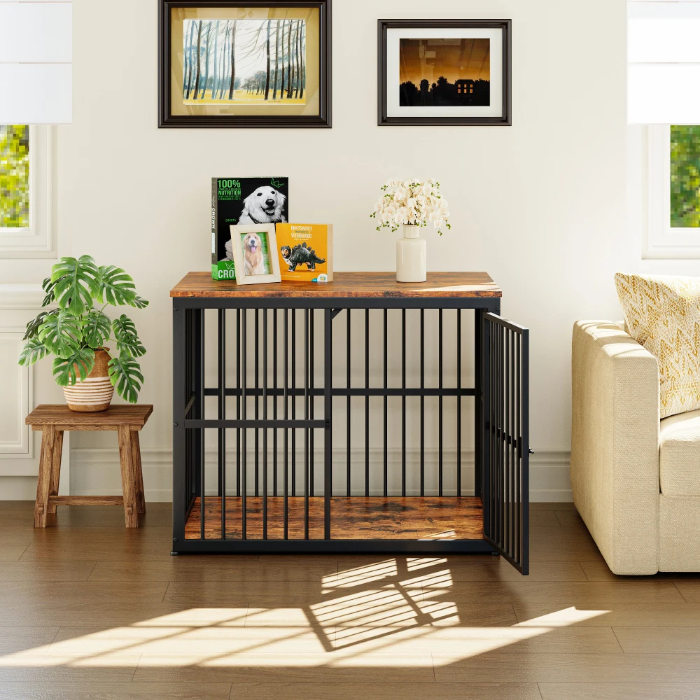 Modular Dog Crate Furniture Pet Cage with Waterproof Tabletop 2-in-1 Side/Night Table Combinable Stackable for Multiple Dogs