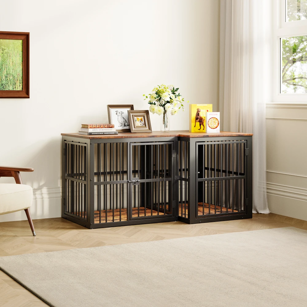 Modular Dog Crate Furniture Pet Cage with Waterproof Tabletop 2-in-1 Side/Night Table Combinable Stackable for Multiple Dogs