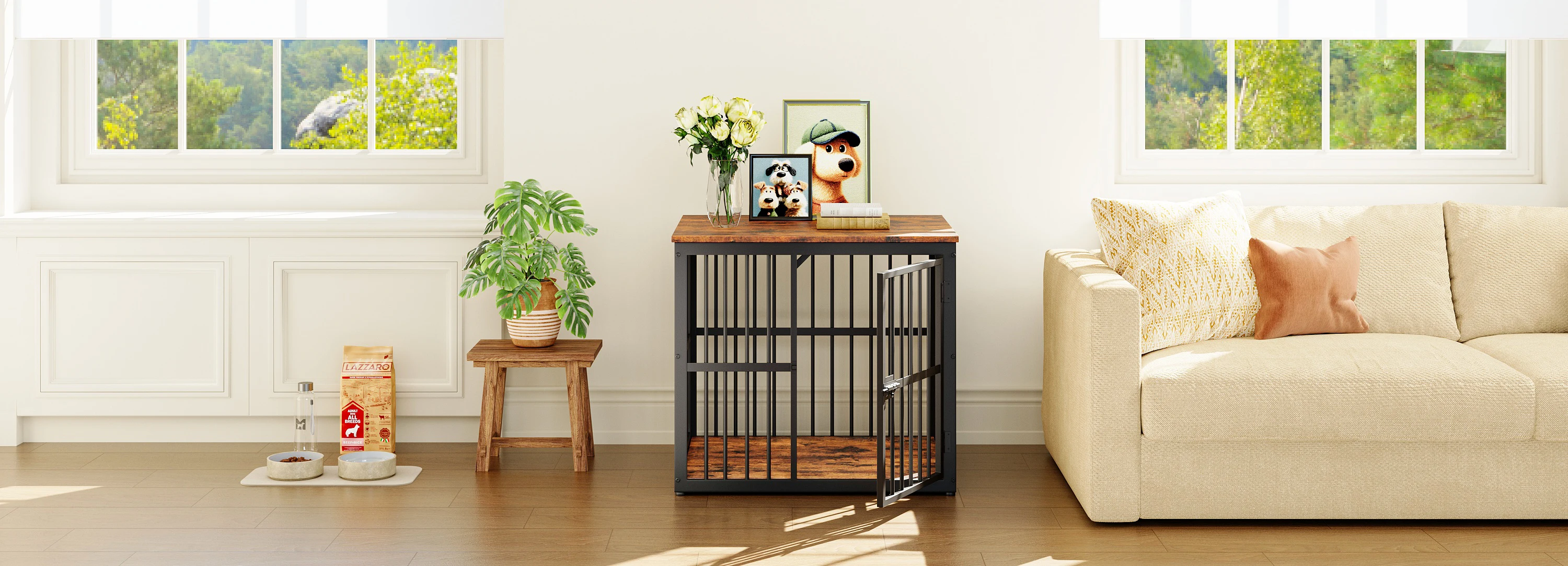 Modular Dog Crate Furniture Pet Cage with Waterproof Tabletop 2-in-1 Side/Night Table Combinable Stackable for Multiple Dogs