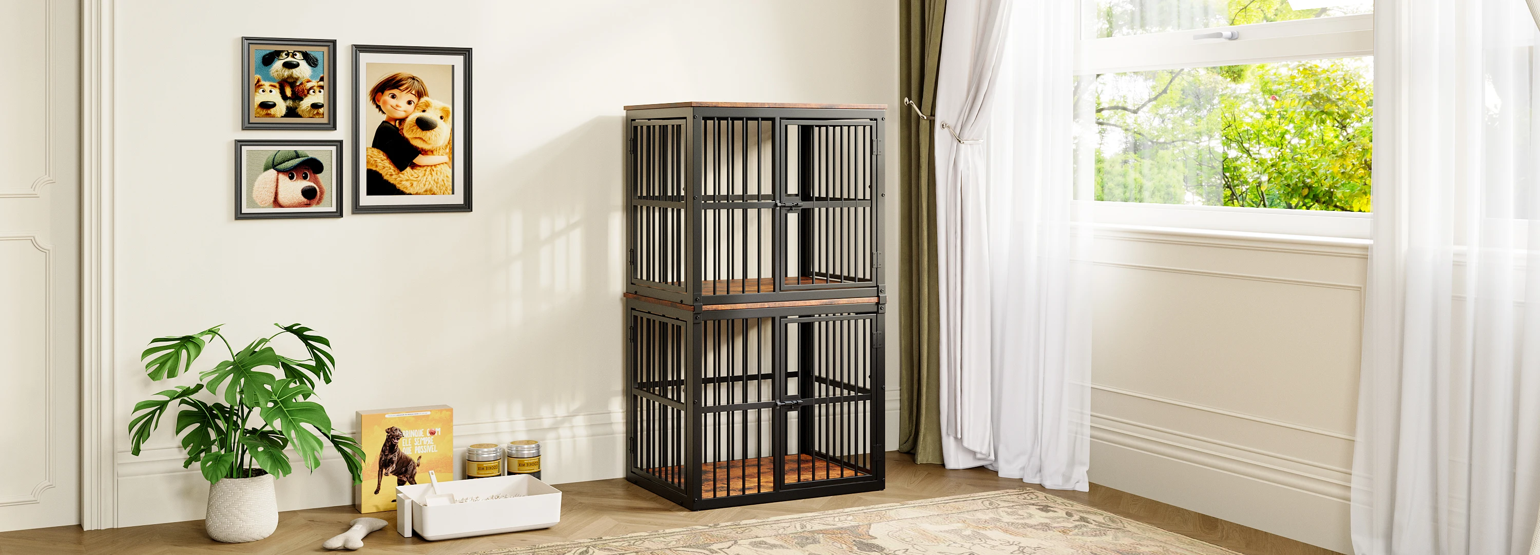 Modular Dog Crate Furniture Pet Cage with Waterproof Tabletop 2-in-1 Side/Night Table Combinable Stackable for Multiple Dogs