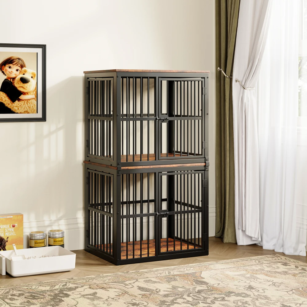 Modular Dog Crate Furniture Pet Cage with Waterproof Tabletop 2-in-1 Side/Night Table Combinable Stackable for Multiple Dogs