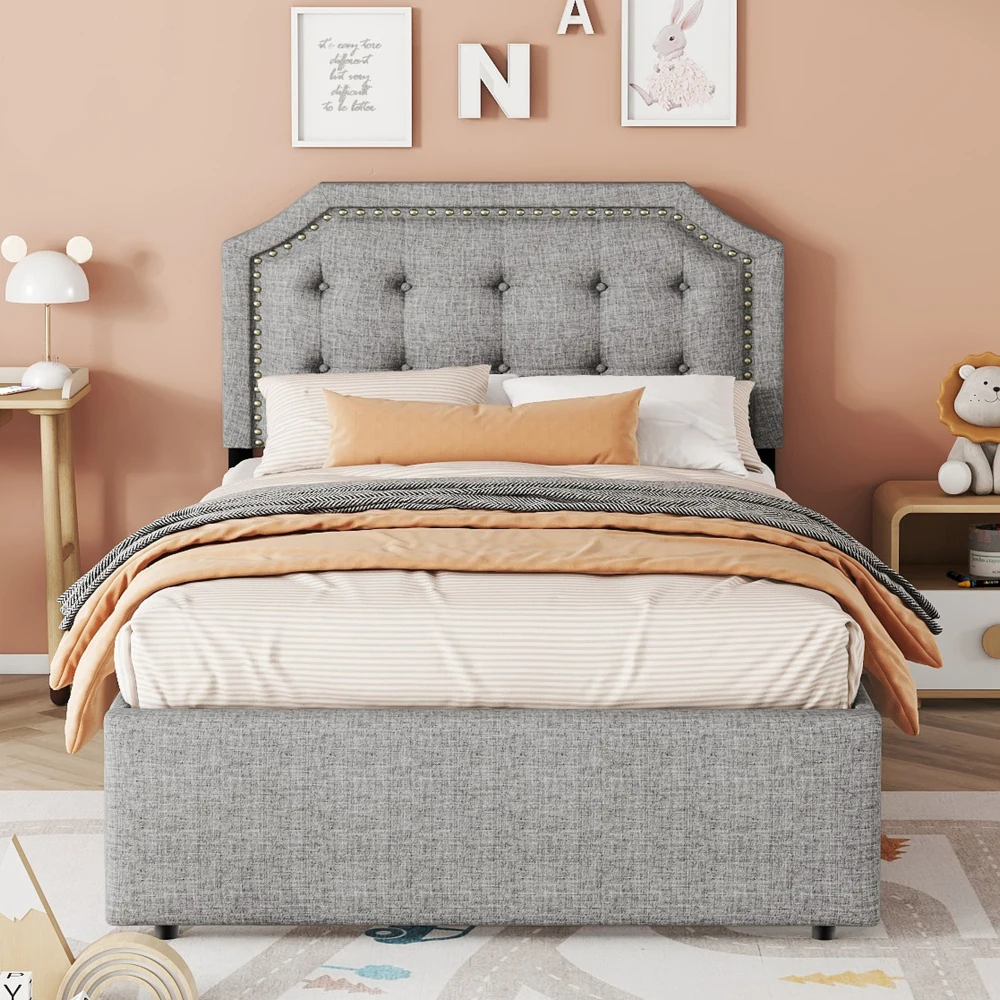 90x200cm Flat Upholstered Bed with Upholstered Nightstand Decorative Rivets&Double Drawers Bedroom Furniture for Small Spaces