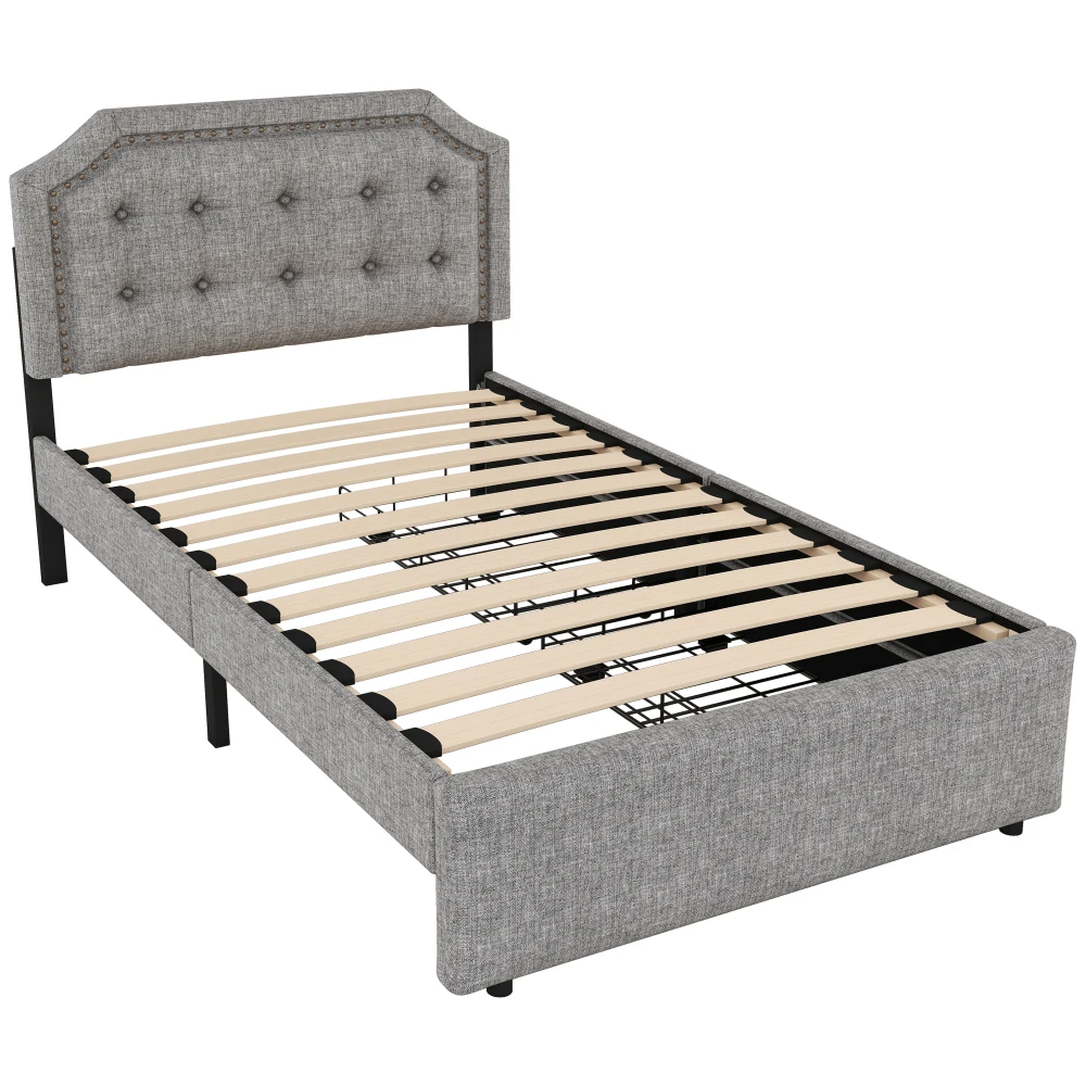90x200cm Flat Upholstered Bed with Upholstered Nightstand Decorative Rivets&Double Drawers Bedroom Furniture for Small Spaces