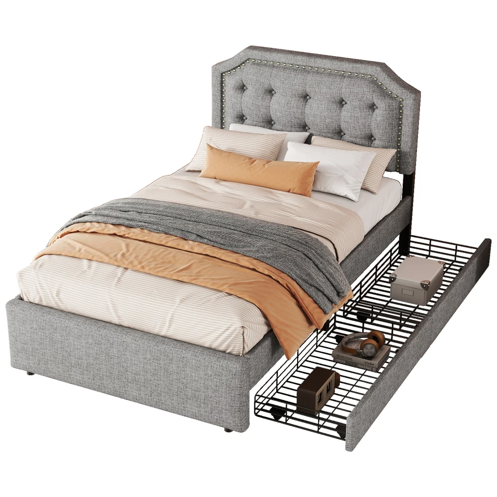 90x200cm Flat Upholstered Bed with Upholstered Nightstand Decorative Rivets&Double Drawers Bedroom Furniture for Small Spaces