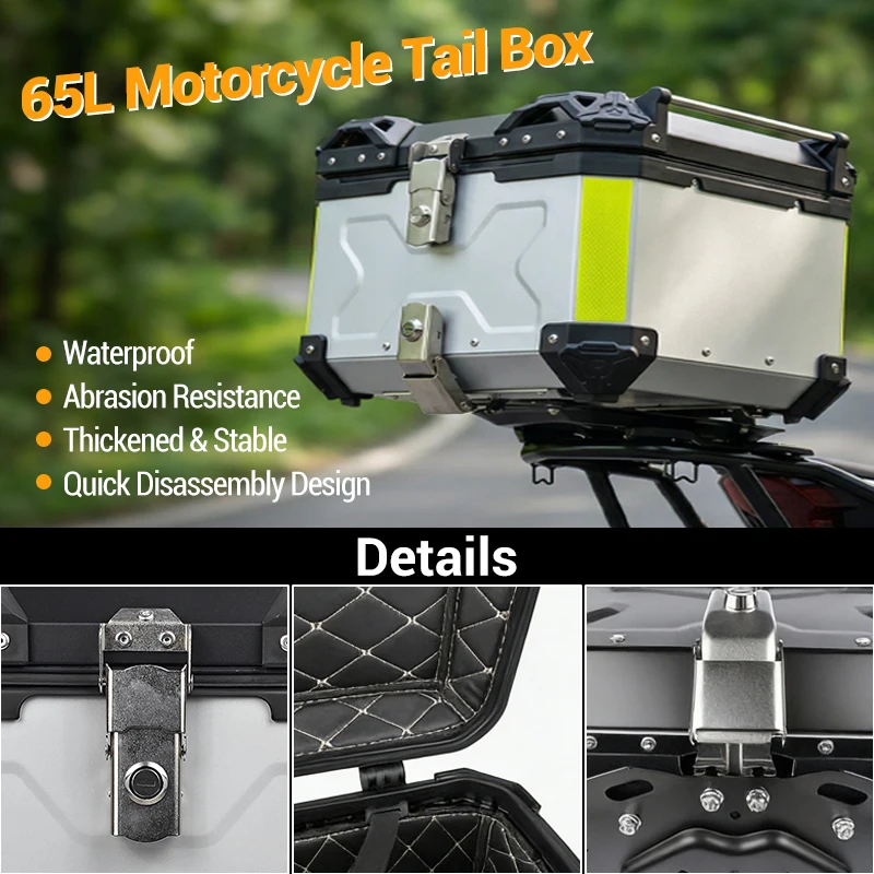 65L Motorcycle Top Case, Aluminum Alloy Waterproof Tail Box With Anti-Theft Lock & Quick Release, Universal Fit For Motorbike