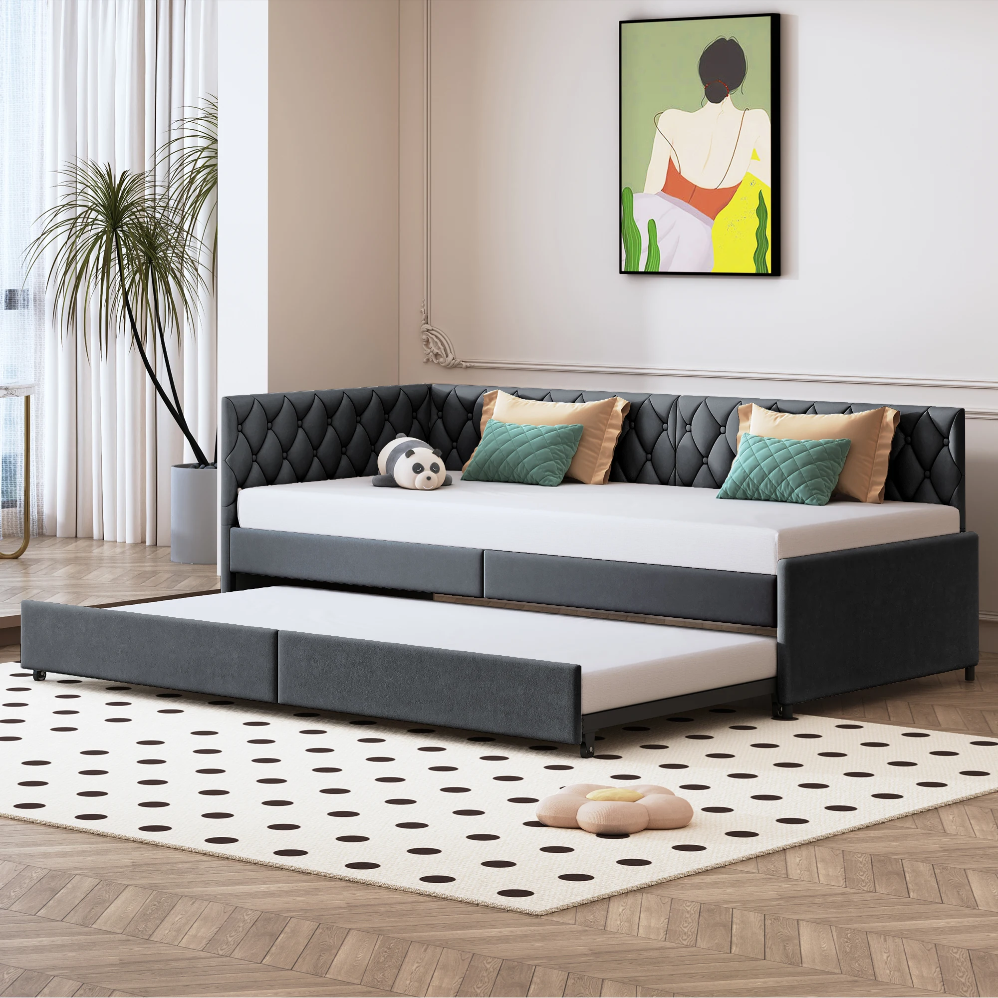 Comanlai Living Room Sofa Pull-Out Upholstered Sofa Bed Frame with Slatted Frame 90x200cm Velvet