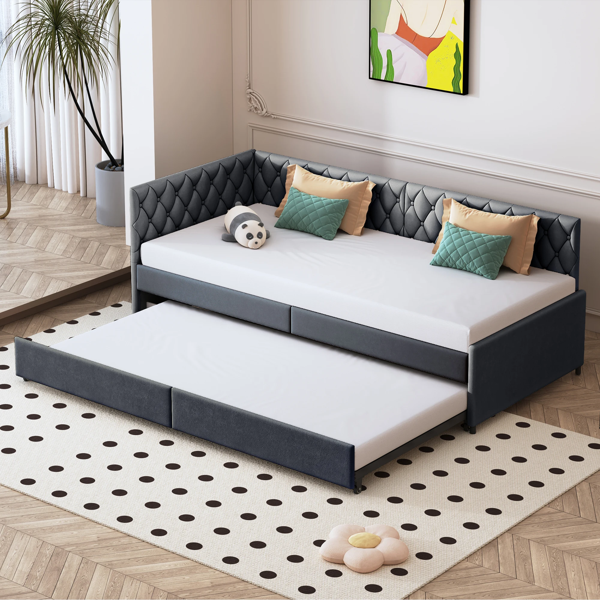 Comanlai Living Room Sofa Pull-Out Upholstered Sofa Bed Frame with Slatted Frame 90x200cm Velvet