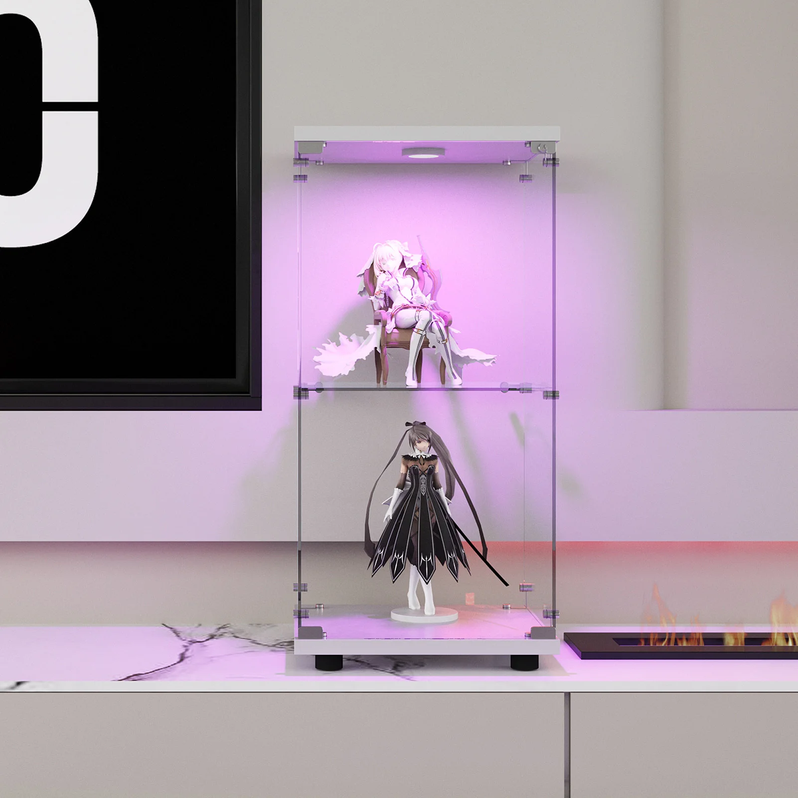 Glass Vitrina, 2 layers, glass cabinet, living room with LED, modern glass Collection cabinet, glass cabinet for Desk, collar objects