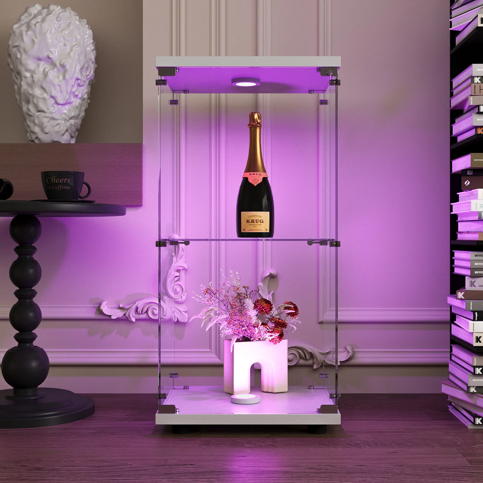 Glass Vitrina, 2 layers, glass cabinet, living room with LED, modern glass Collection cabinet, glass cabinet for Desk, collar objects
