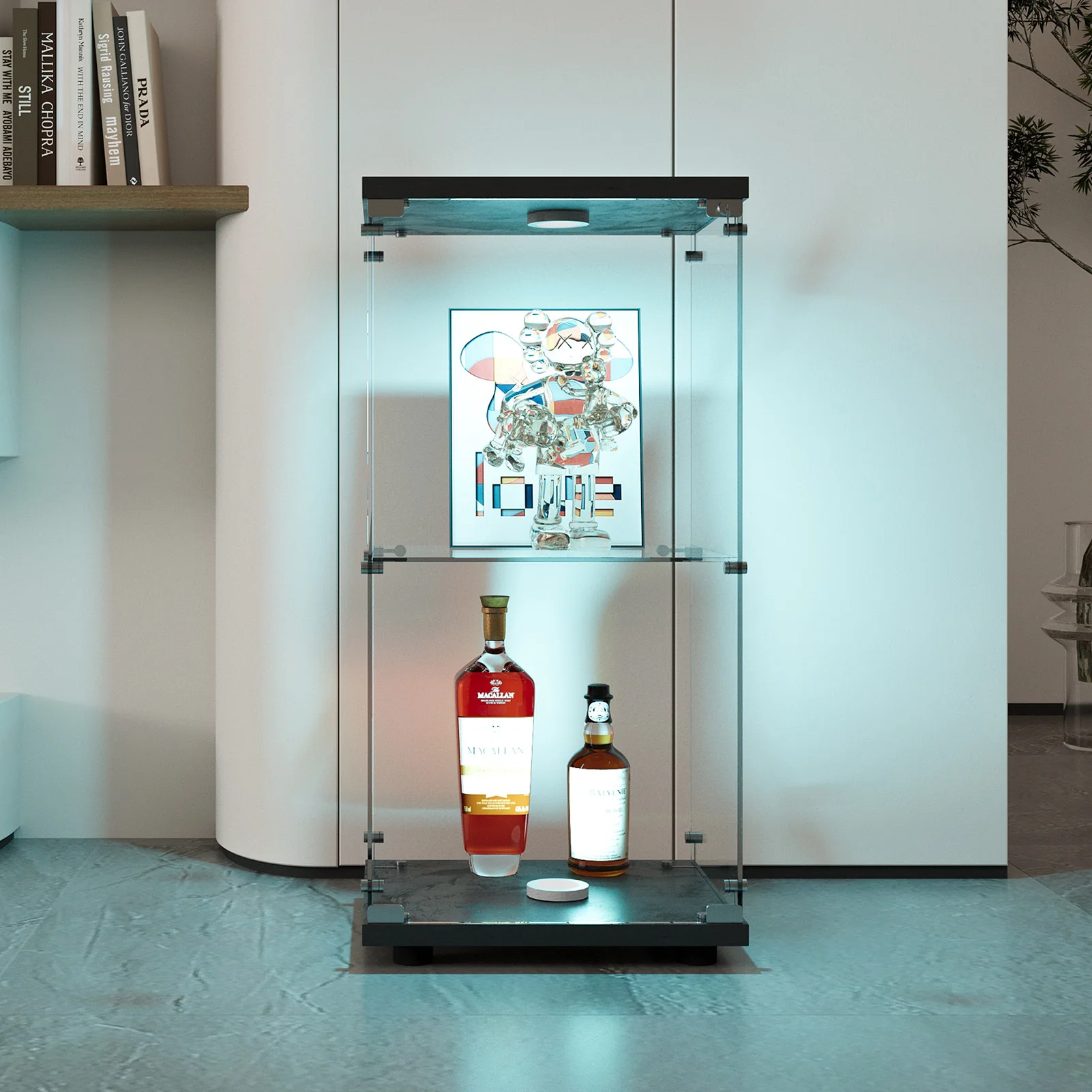 Glass Vitrina, 2 layers, glass cabinet, living room with LED, modern glass Collection cabinet, glass cabinet for Desk, collar objects