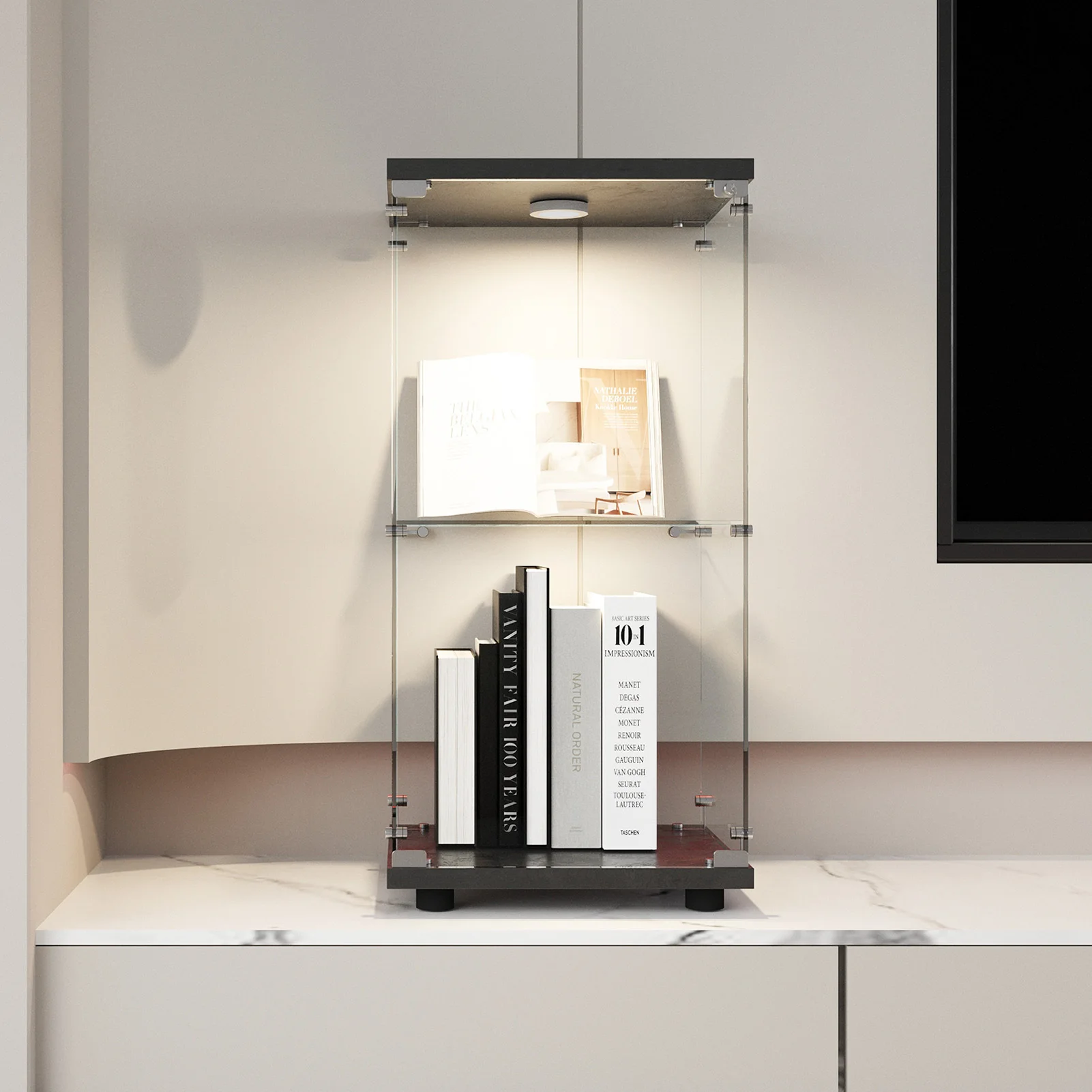 Glass Vitrina, 2 layers, glass cabinet, living room with LED, modern glass Collection cabinet, glass cabinet for Desk, collar objects