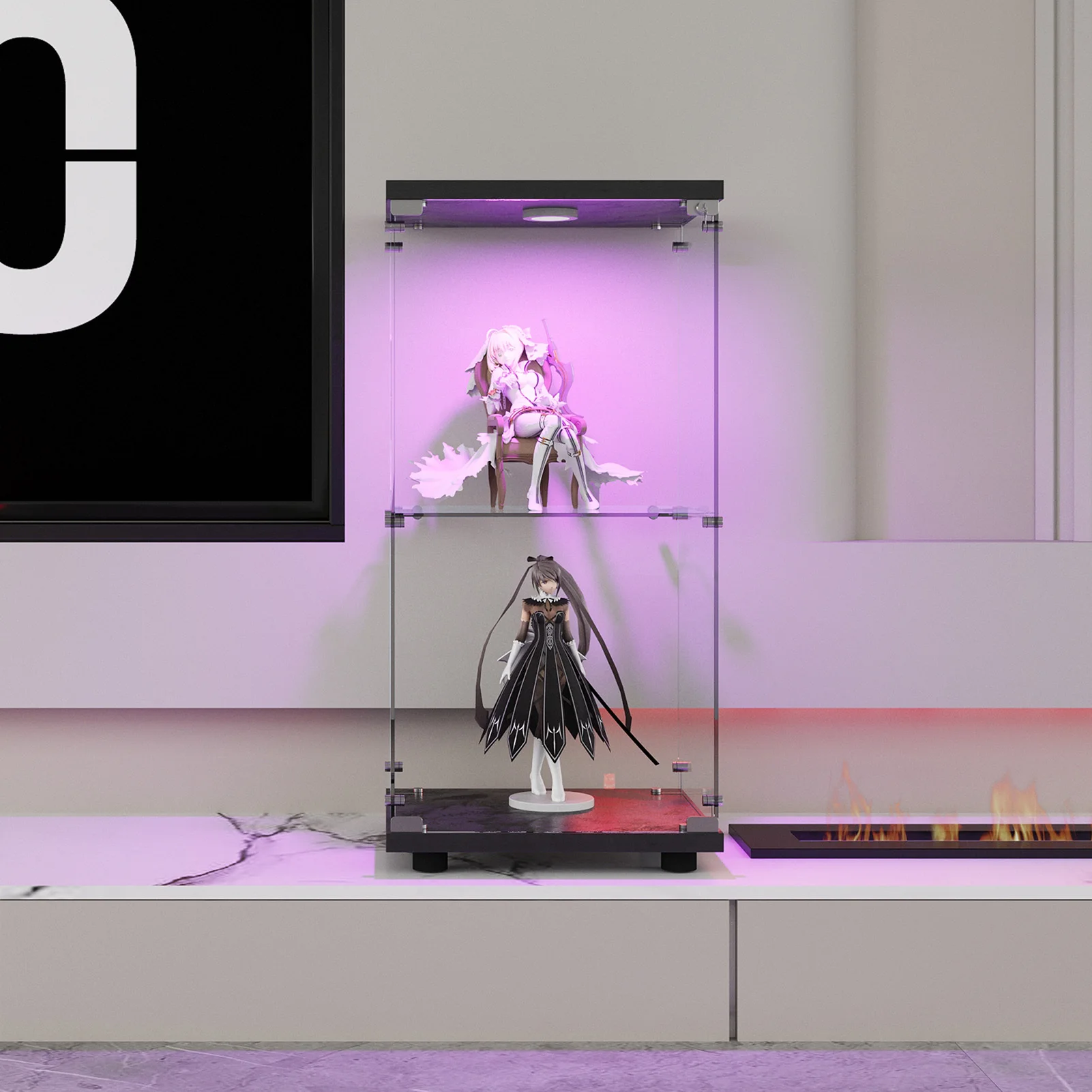 Glass Vitrina, 2 layers, glass cabinet, living room with LED, modern glass Collection cabinet, glass cabinet for Desk, collar objects