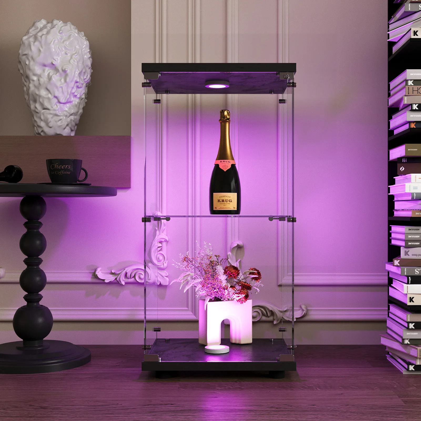 Glass Vitrina, 2 layers, glass cabinet, living room with LED, modern glass Collection cabinet, glass cabinet for Desk, collar objects