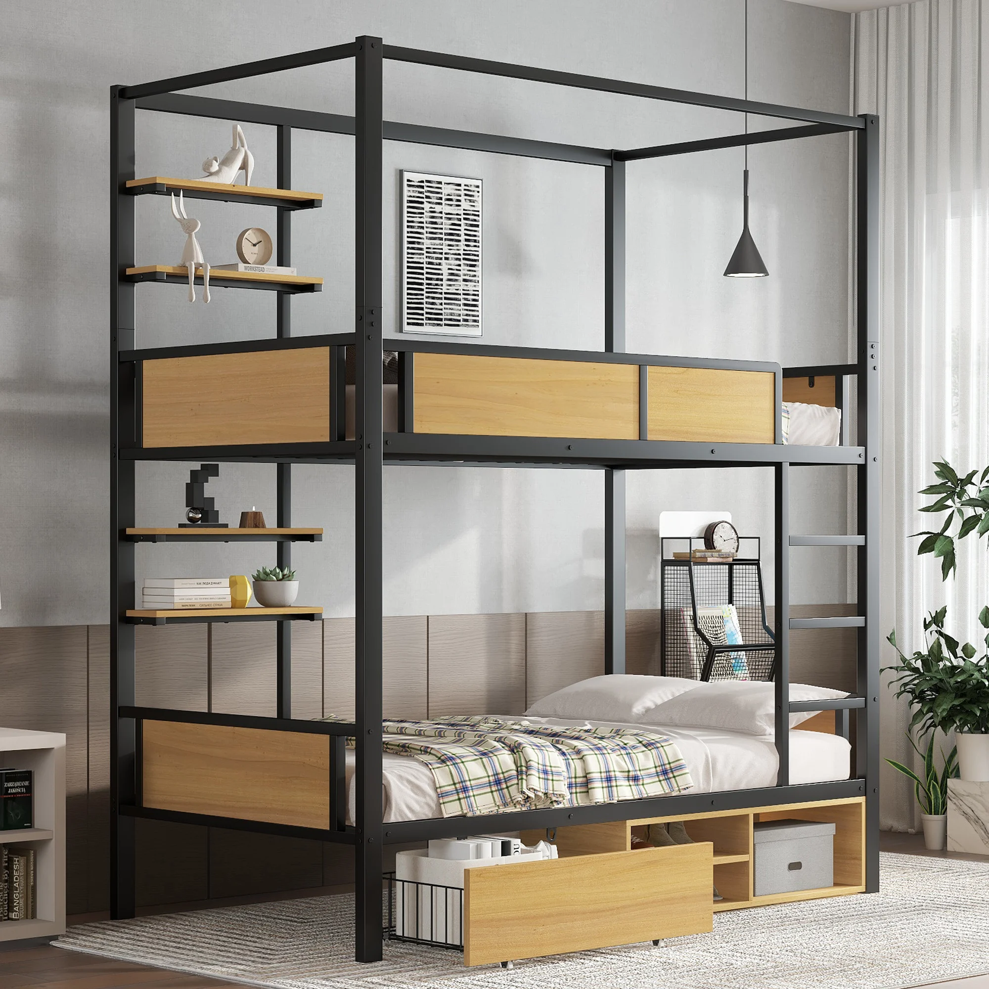 Bunk bed, iron bed,double shelf on the side of the bed, storage space under the bed,bed curtain can be attached to the upper bed