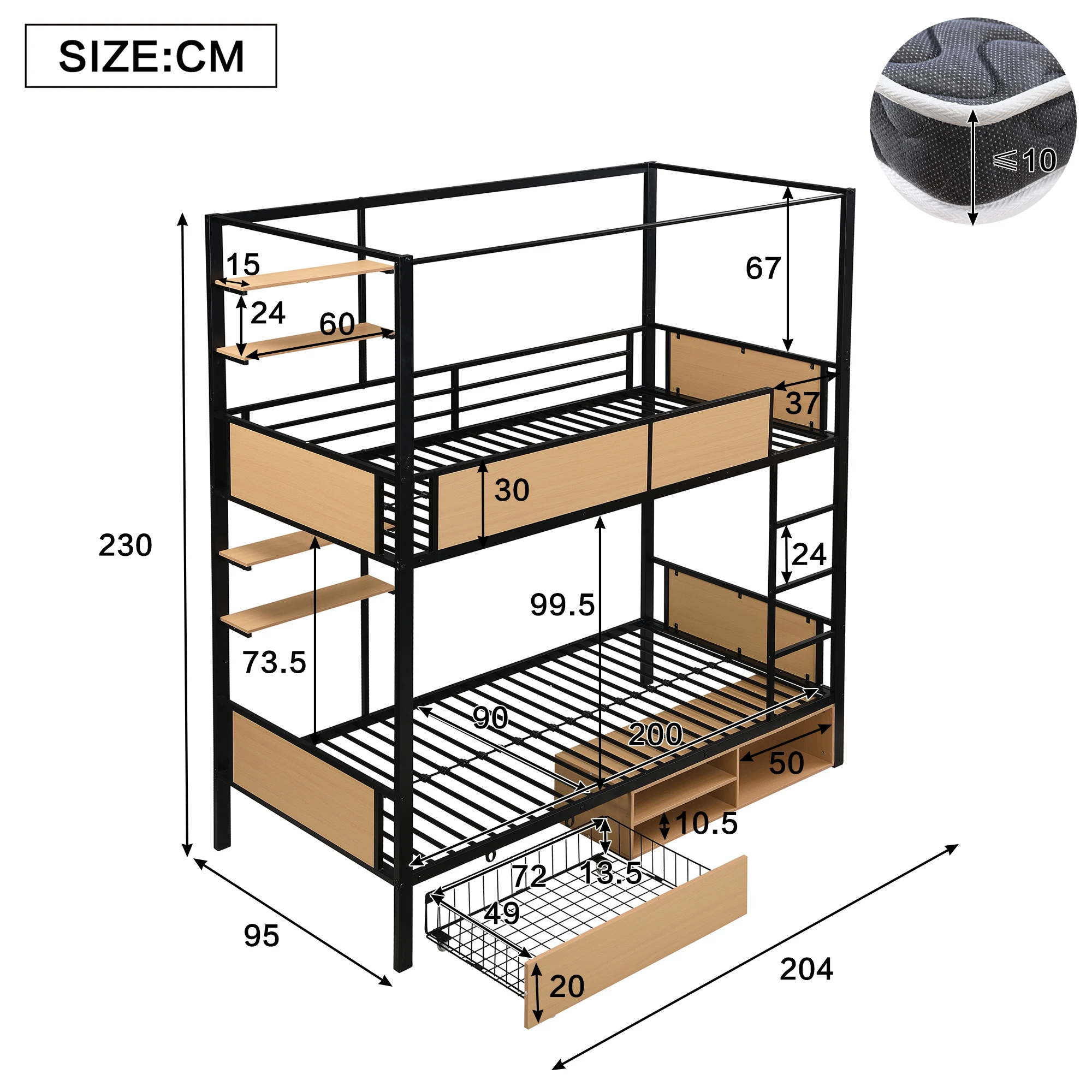 Bunk bed, iron bed,double shelf on the side of the bed, storage space under the bed,bed curtain can be attached to the upper bed
