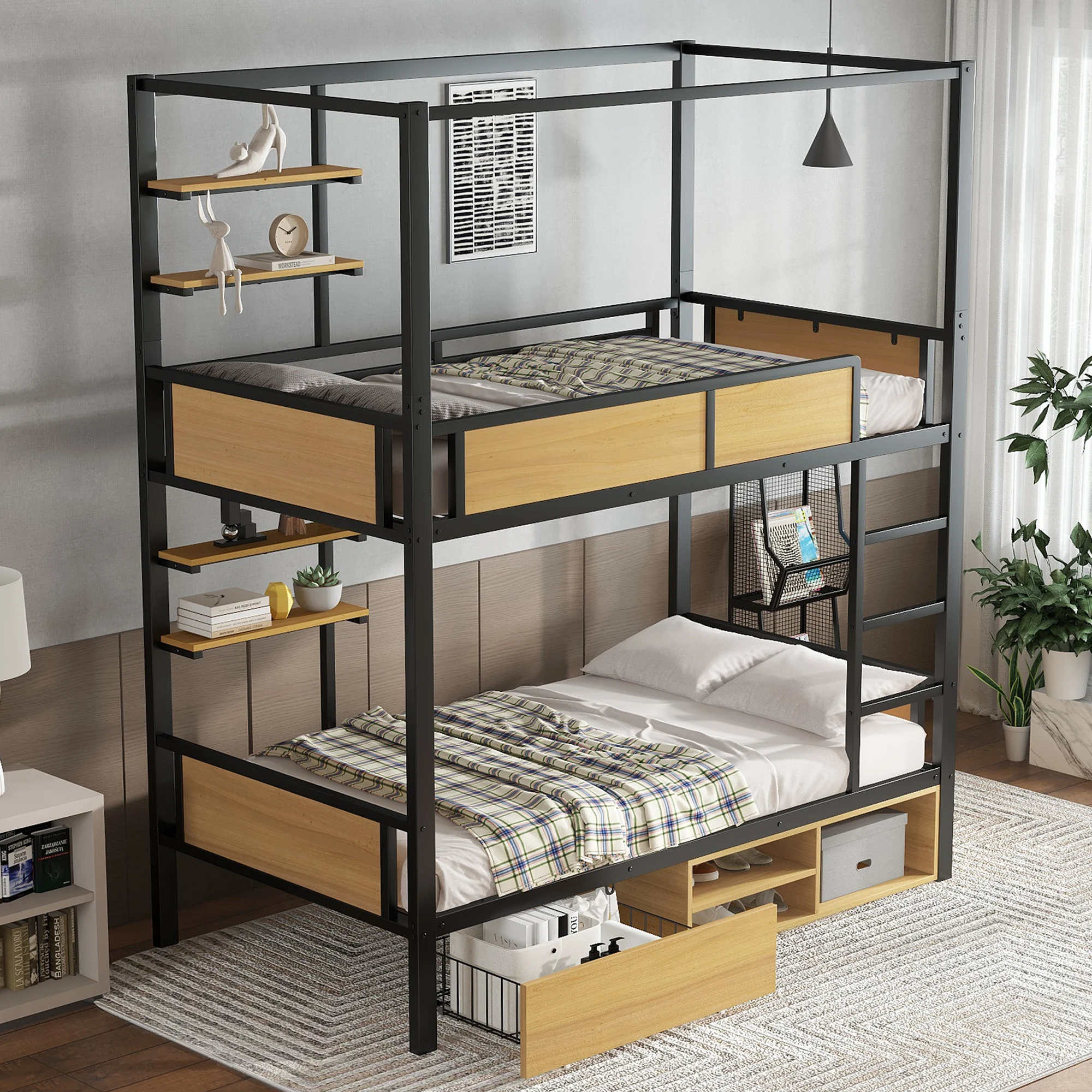 Bunk bed, iron bed,double shelf on the side of the bed, storage space under the bed,bed curtain can be attached to the upper bed