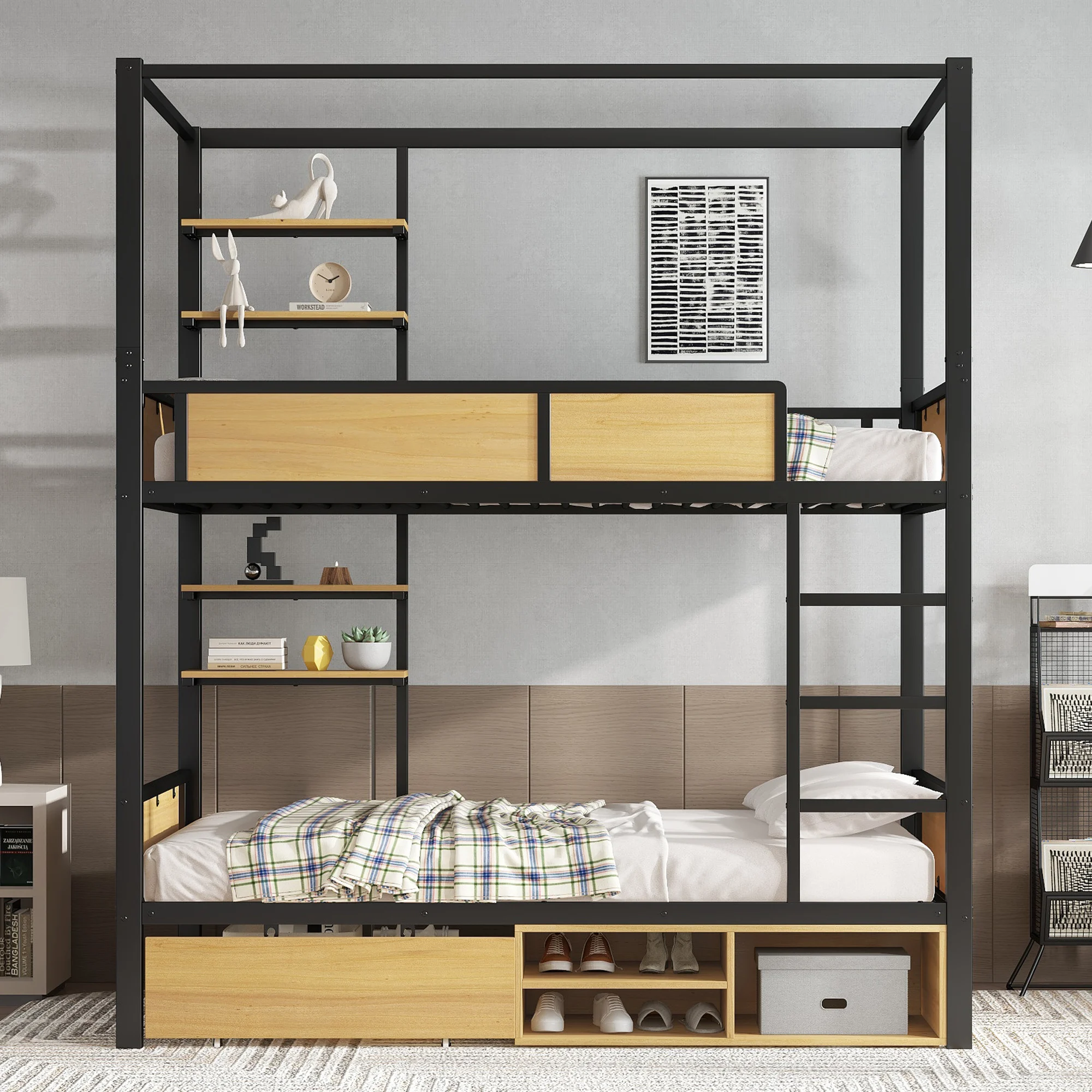 Bunk bed, iron bed,double shelf on the side of the bed, storage space under the bed,bed curtain can be attached to the upper bed