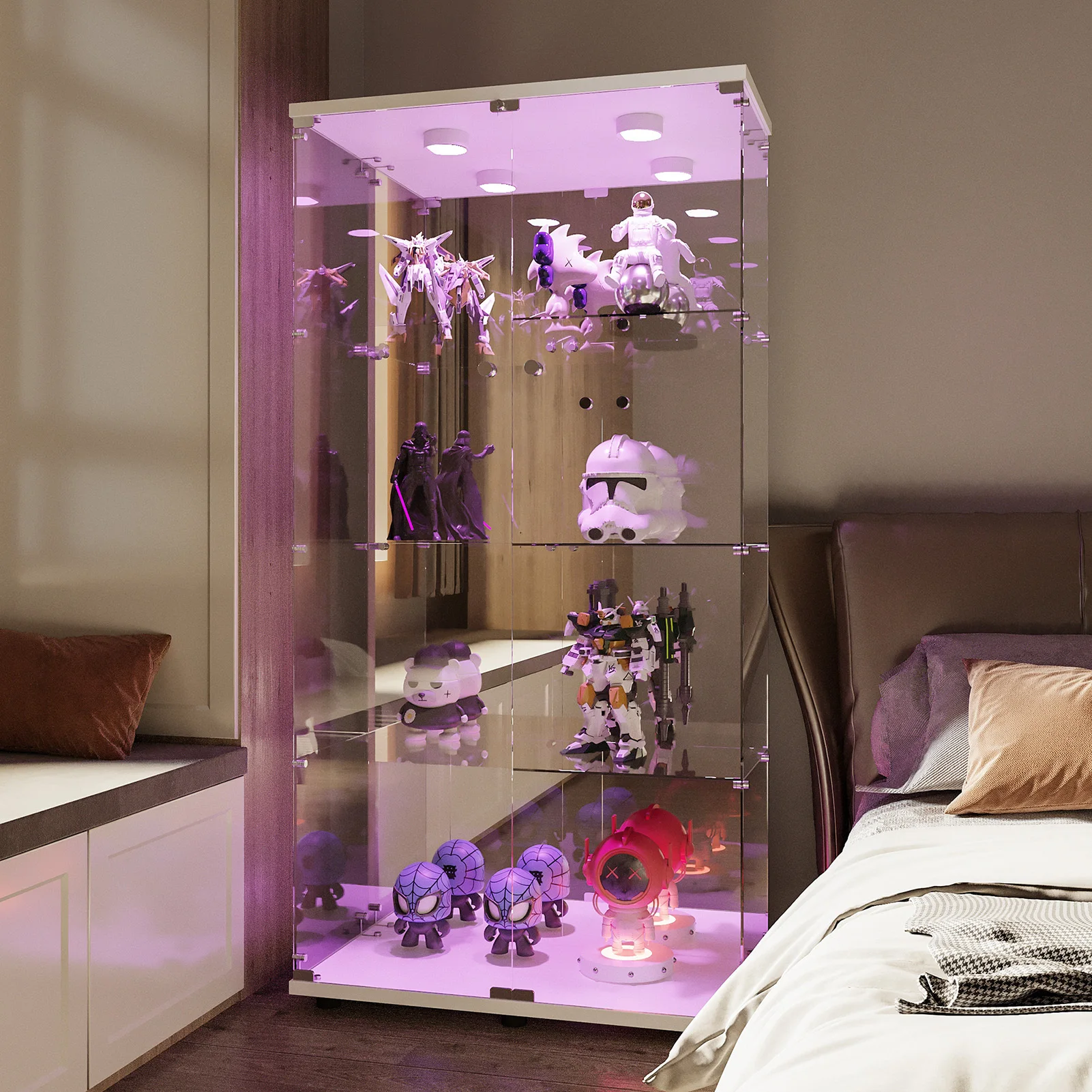 4-layer glass glass cabinet, glass cabinet with LED living room, modern glass Collection cabinet, glass cabinet, with mirror rear panel