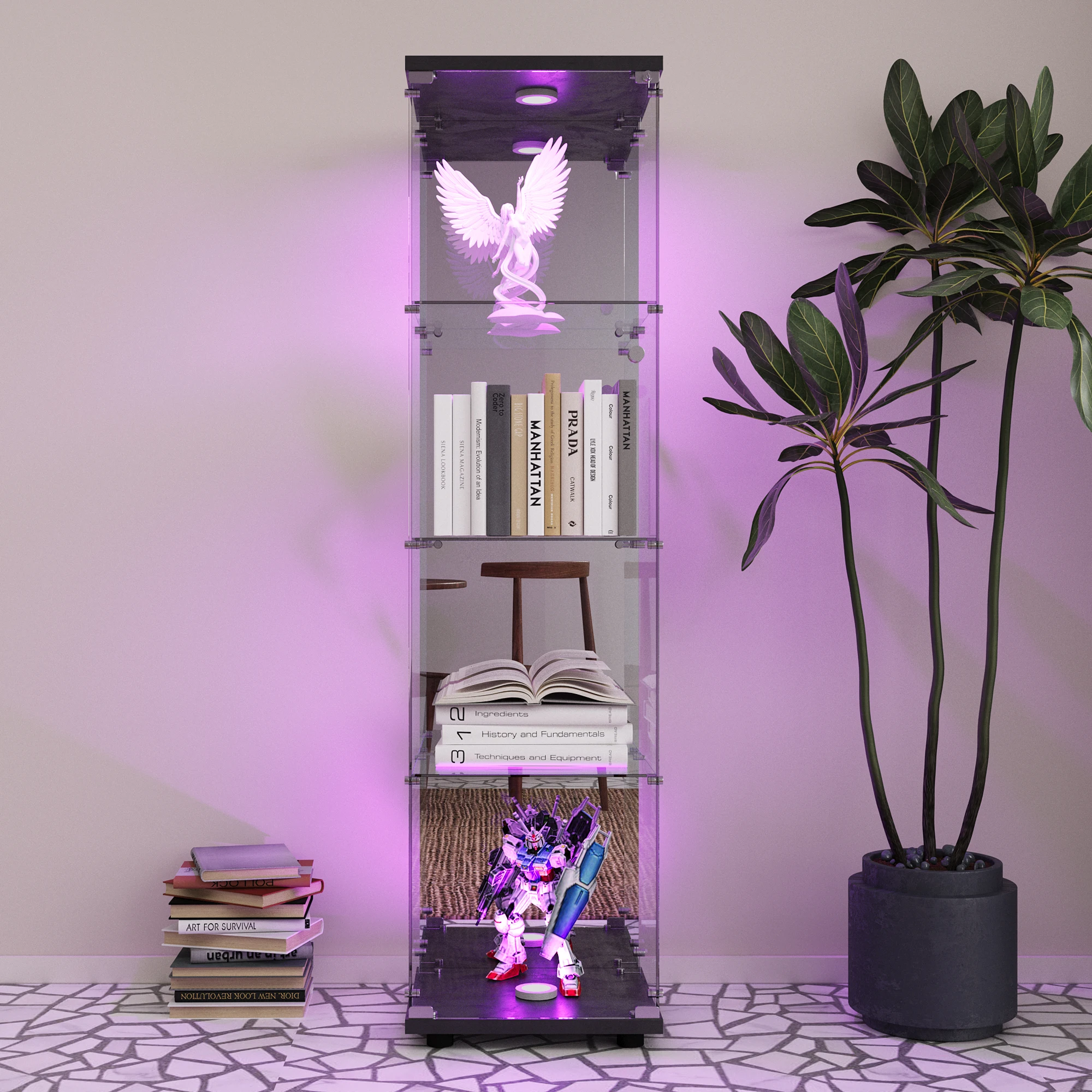 4-layer glass glass cabinet, glass cabinet with LED living room, modern glass Collection cabinet, glass cabinet, with mirror rear panel