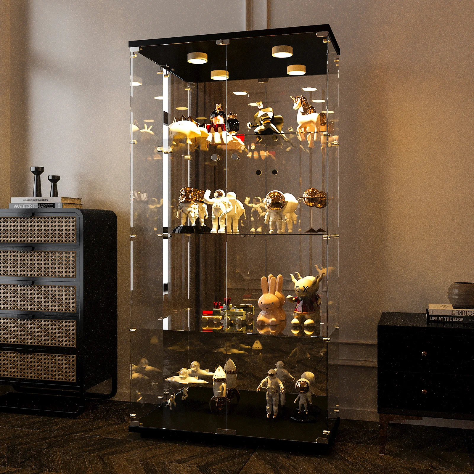 4-layer glass glass cabinet, glass cabinet with LED living room, modern glass Collection cabinet, glass cabinet, with mirror rear panel