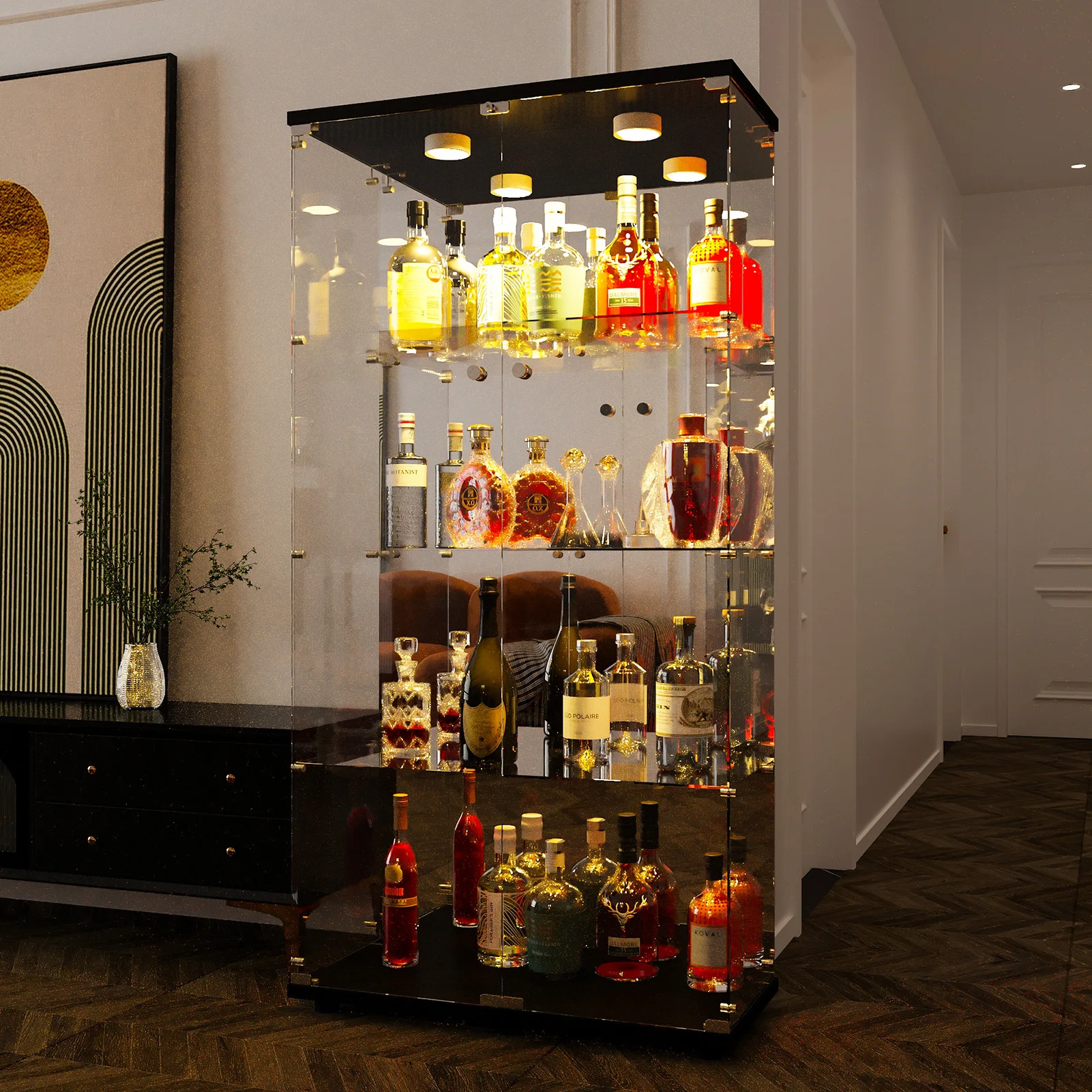 4-layer glass glass cabinet, glass cabinet with LED living room, modern glass Collection cabinet, glass cabinet, with mirror rear panel