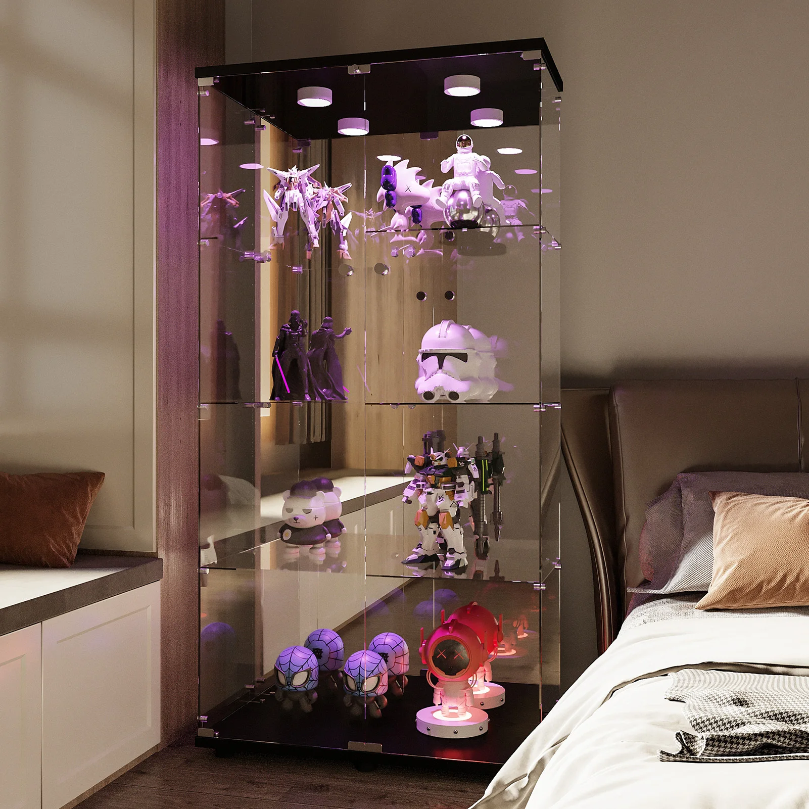 4-layer glass glass cabinet, glass cabinet with LED living room, modern glass Collection cabinet, glass cabinet, with mirror rear panel