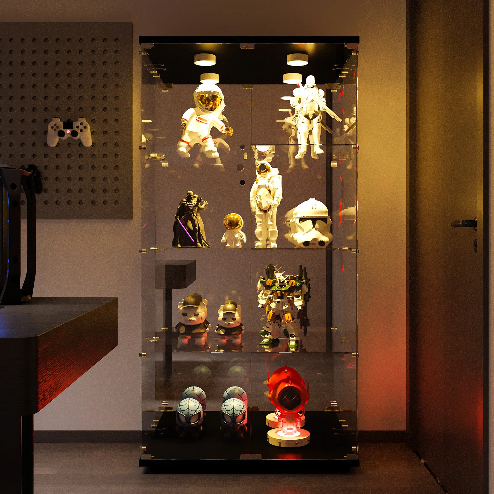 4-layer glass glass cabinet, glass cabinet with LED living room, modern glass Collection cabinet, glass cabinet, with mirror rear panel