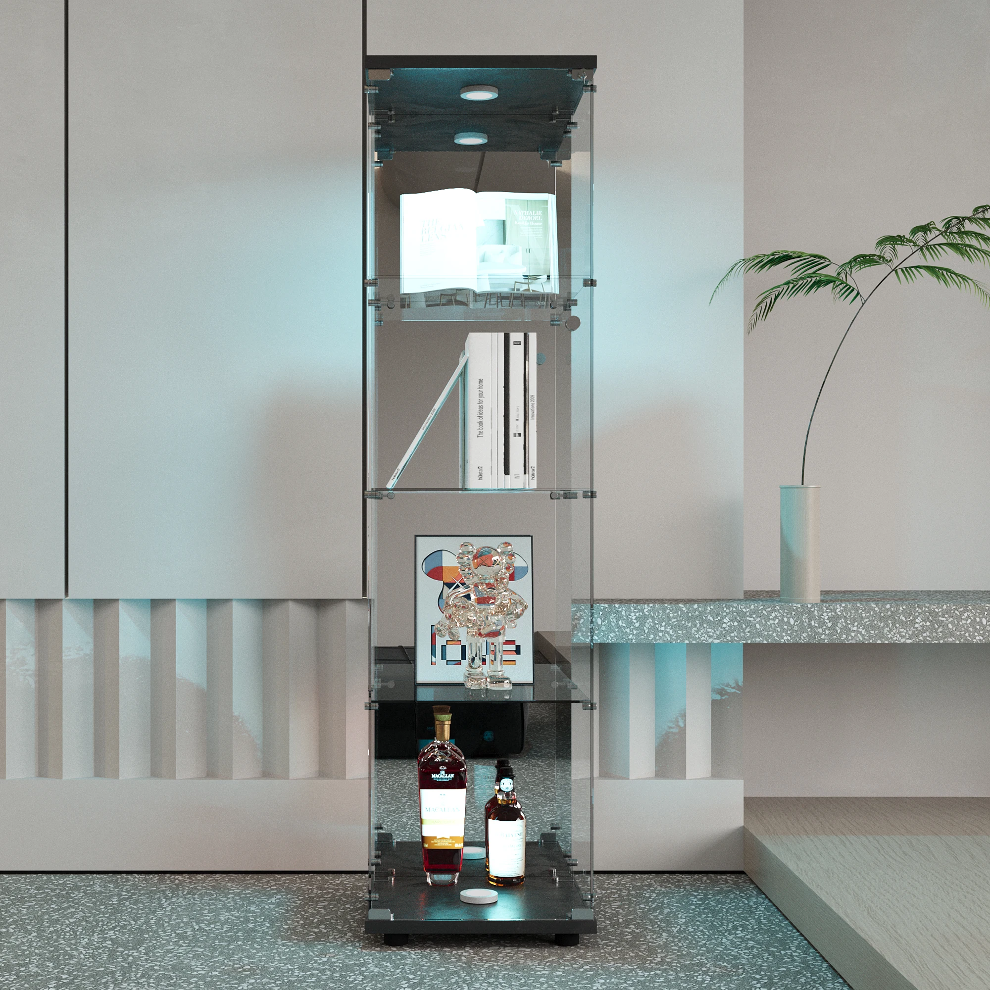 4-layer glass glass cabinet, glass cabinet with LED living room, modern glass Collection cabinet, glass cabinet, with mirror rear panel
