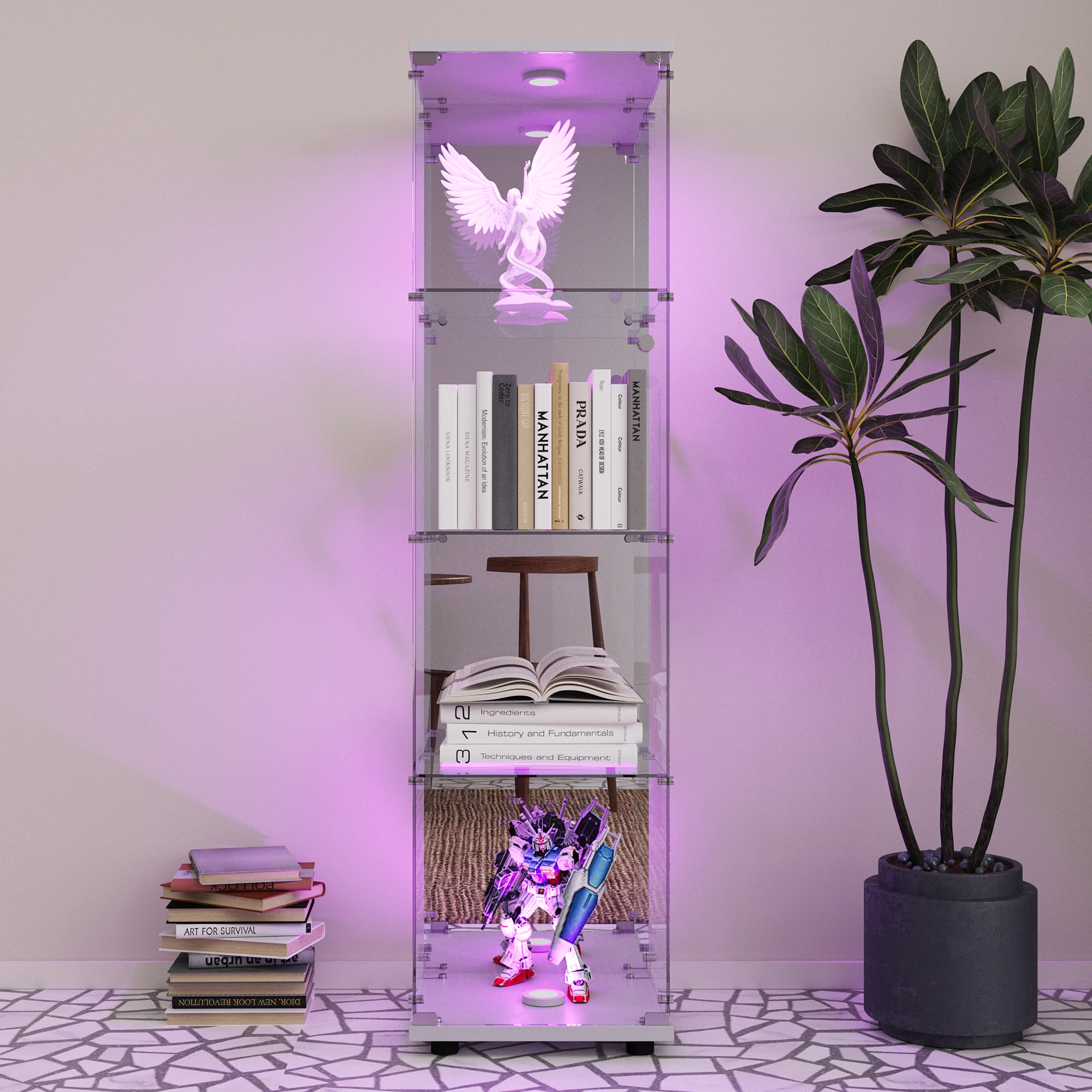 4-layer glass glass cabinet, glass cabinet with LED living room, modern glass Collection cabinet, glass cabinet, with mirror rear panel