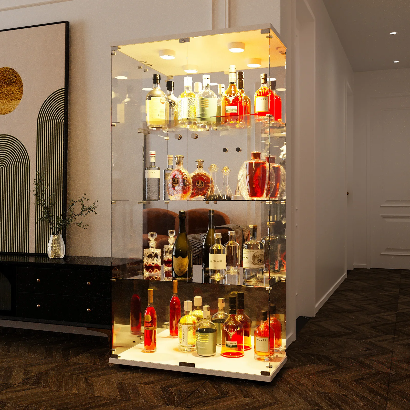 4-layer glass glass cabinet, glass cabinet with LED living room, modern glass Collection cabinet, glass cabinet, with mirror rear panel