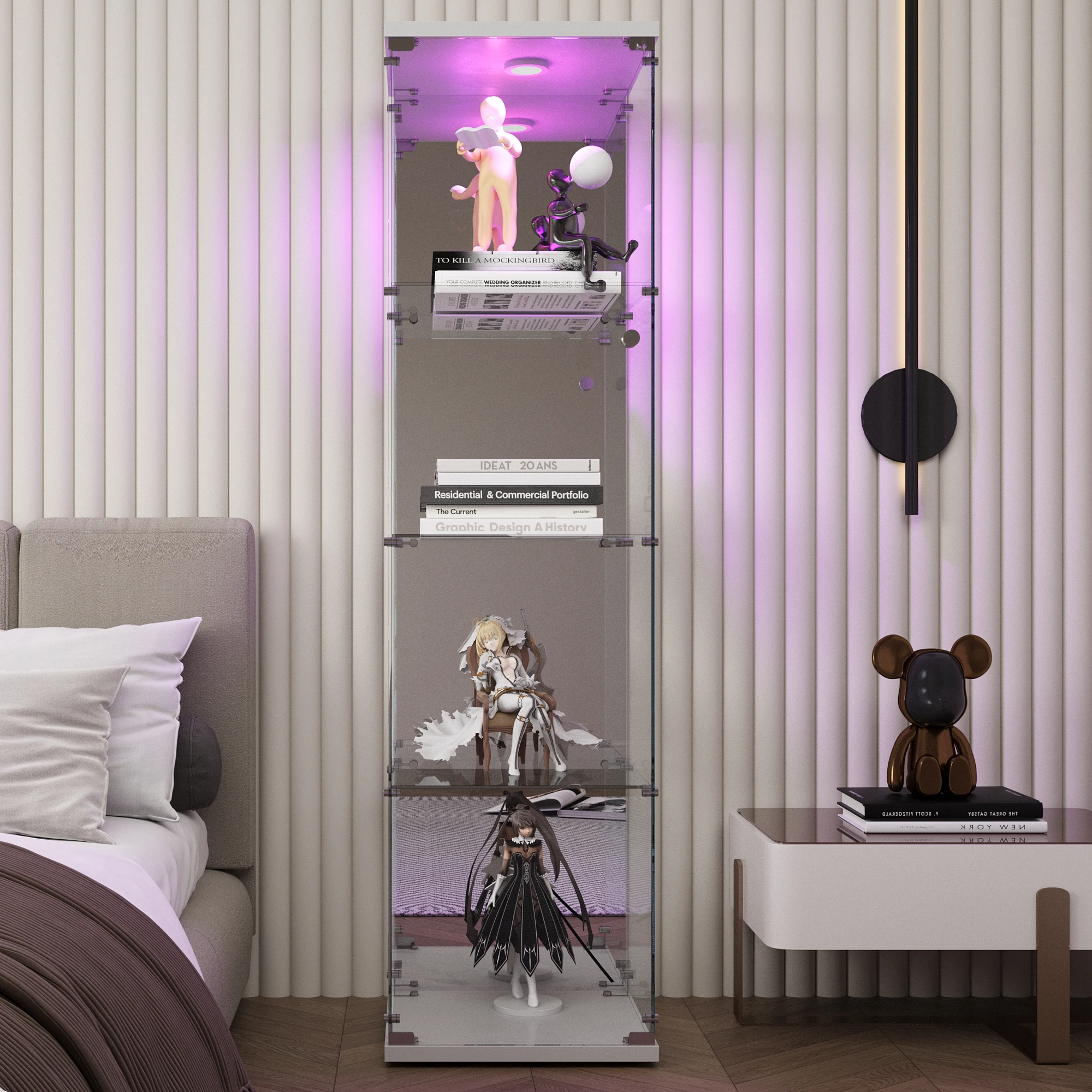 4-layer glass glass cabinet, glass cabinet with LED living room, modern glass Collection cabinet, glass cabinet, with mirror rear panel