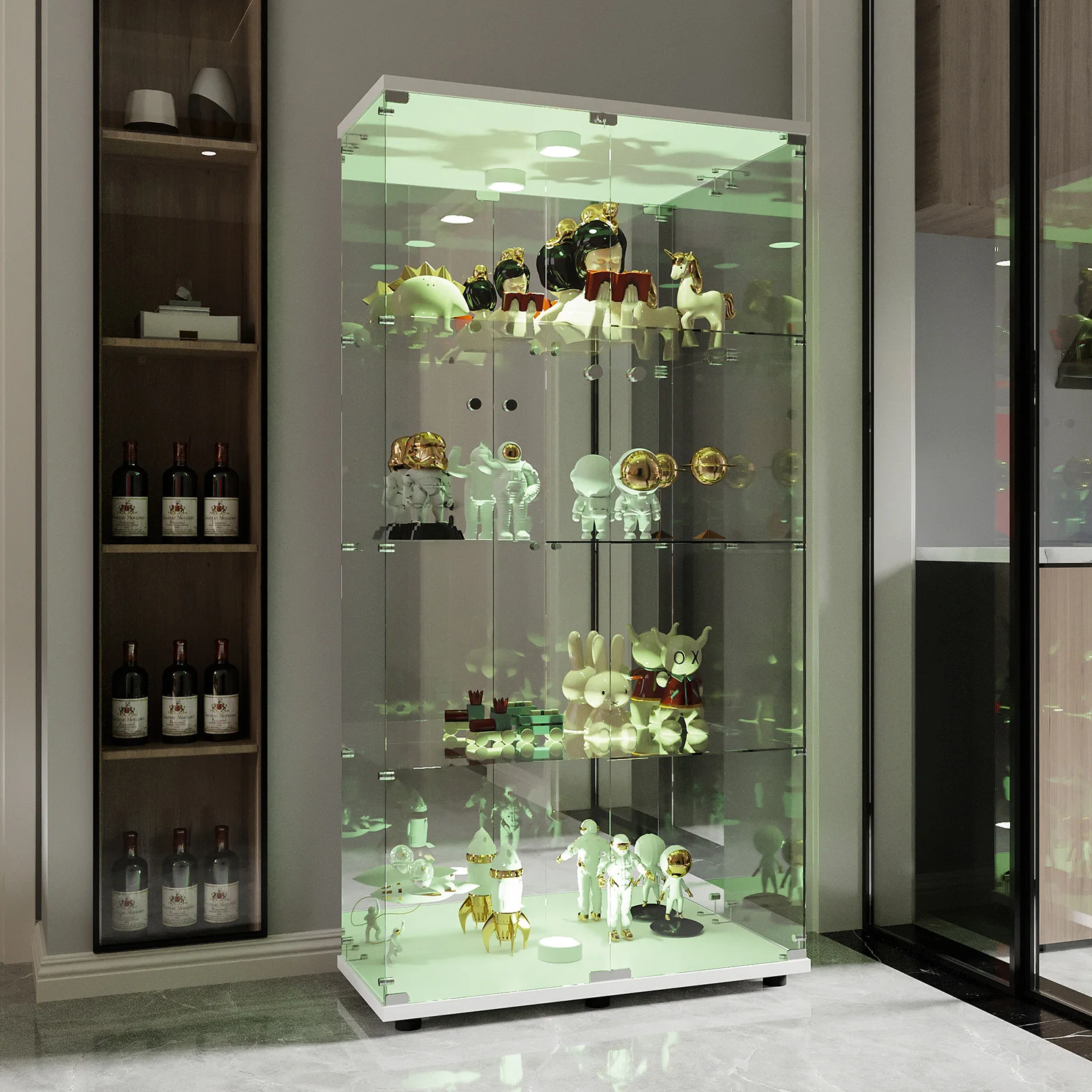 4-layer glass glass cabinet, glass cabinet with LED living room, modern glass Collection cabinet, glass cabinet, with mirror rear panel