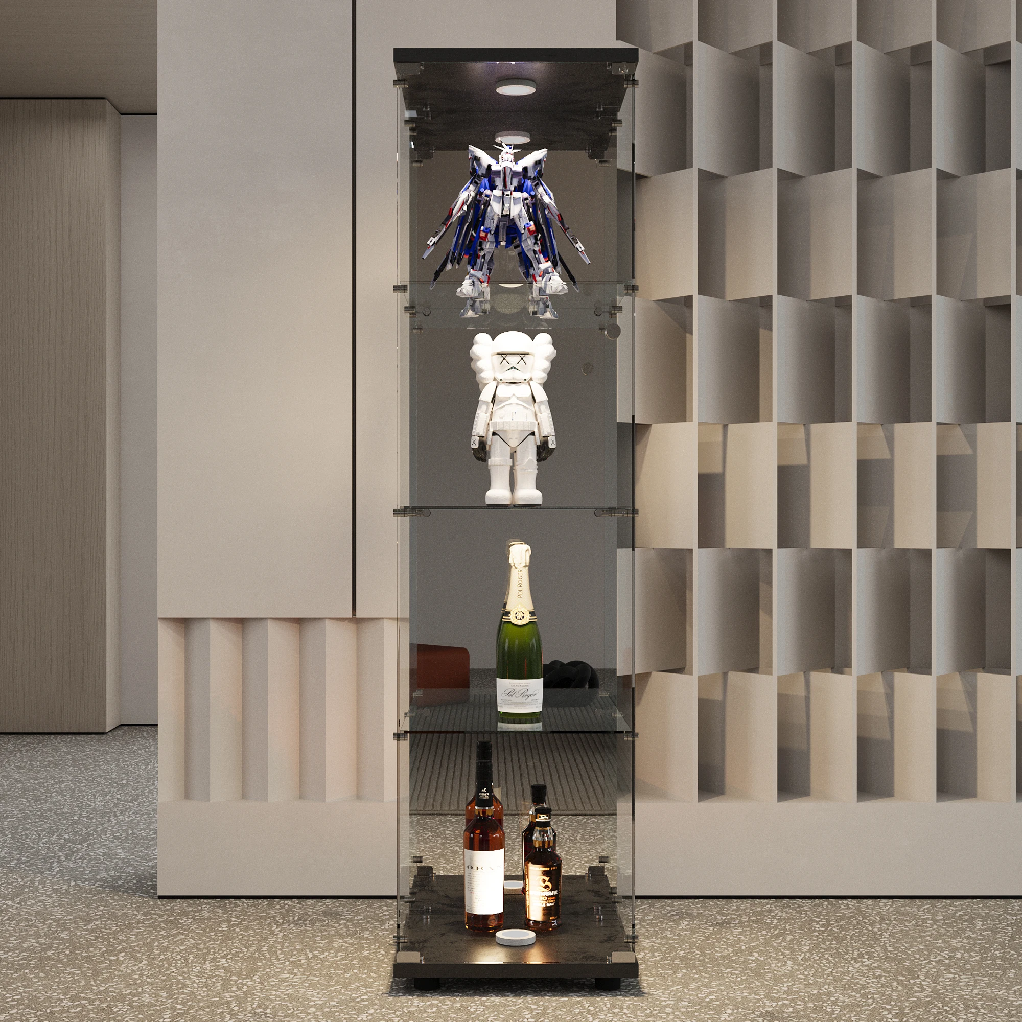 4-layer glass glass cabinet, glass cabinet with LED living room, modern glass Collection cabinet, glass cabinet, with mirror rear panel